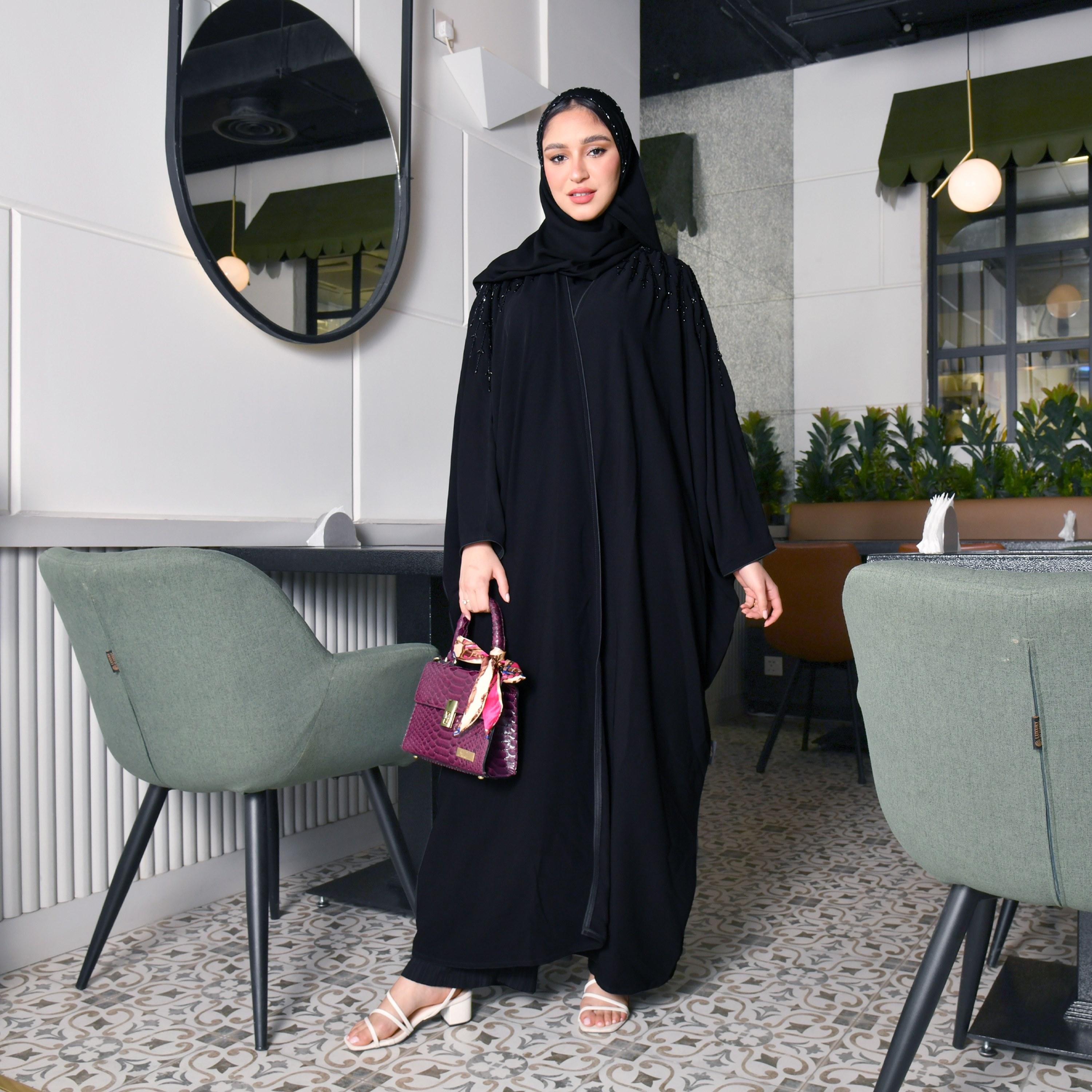 Hawraa Hand Beaded Black Butterfly Cut Abaya with Hijab-women-arabicclothing-abayas-image-1