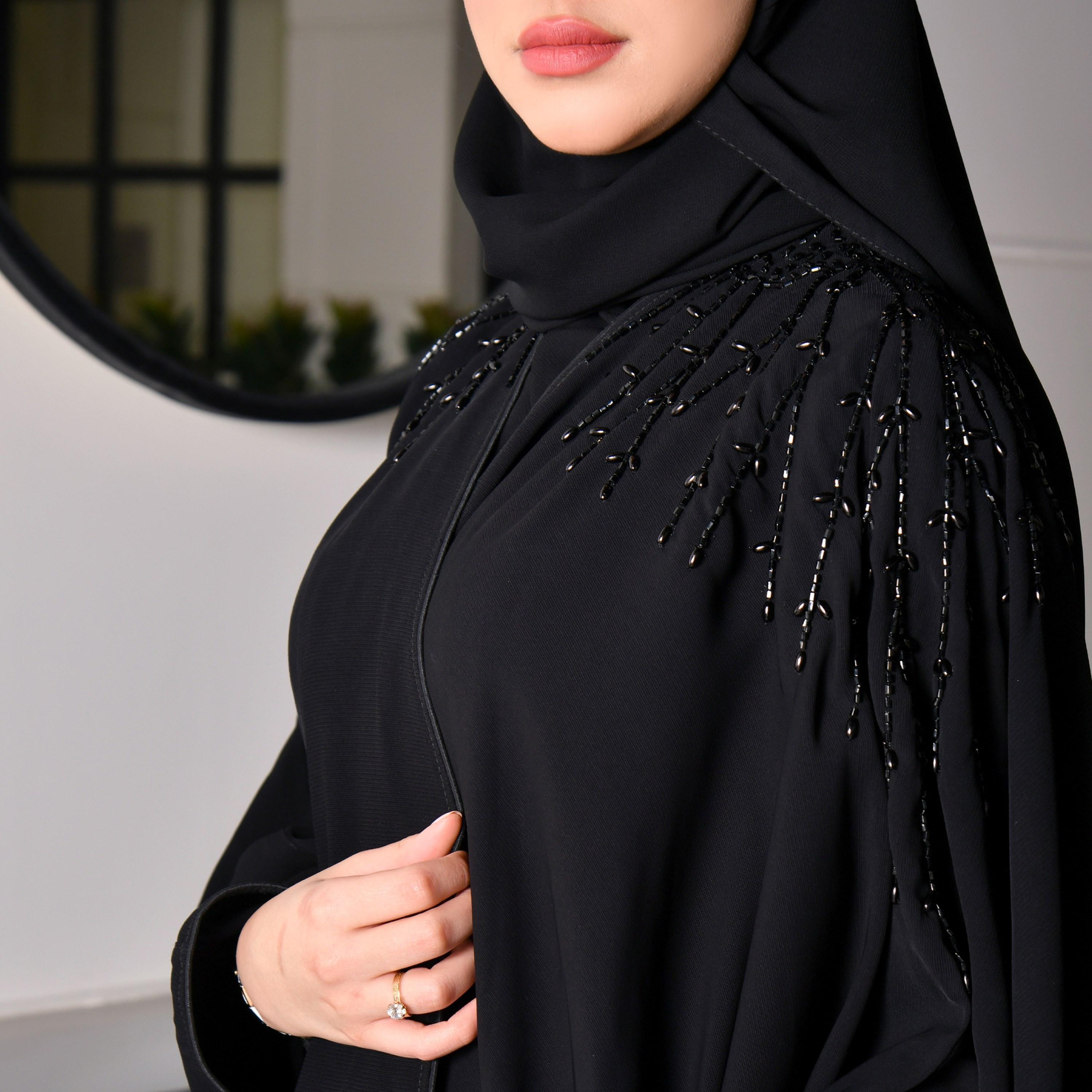 Hawraa Hand Beaded Black Butterfly Cut Abaya with Hijab-women-arabicclothing-abayas-image-3