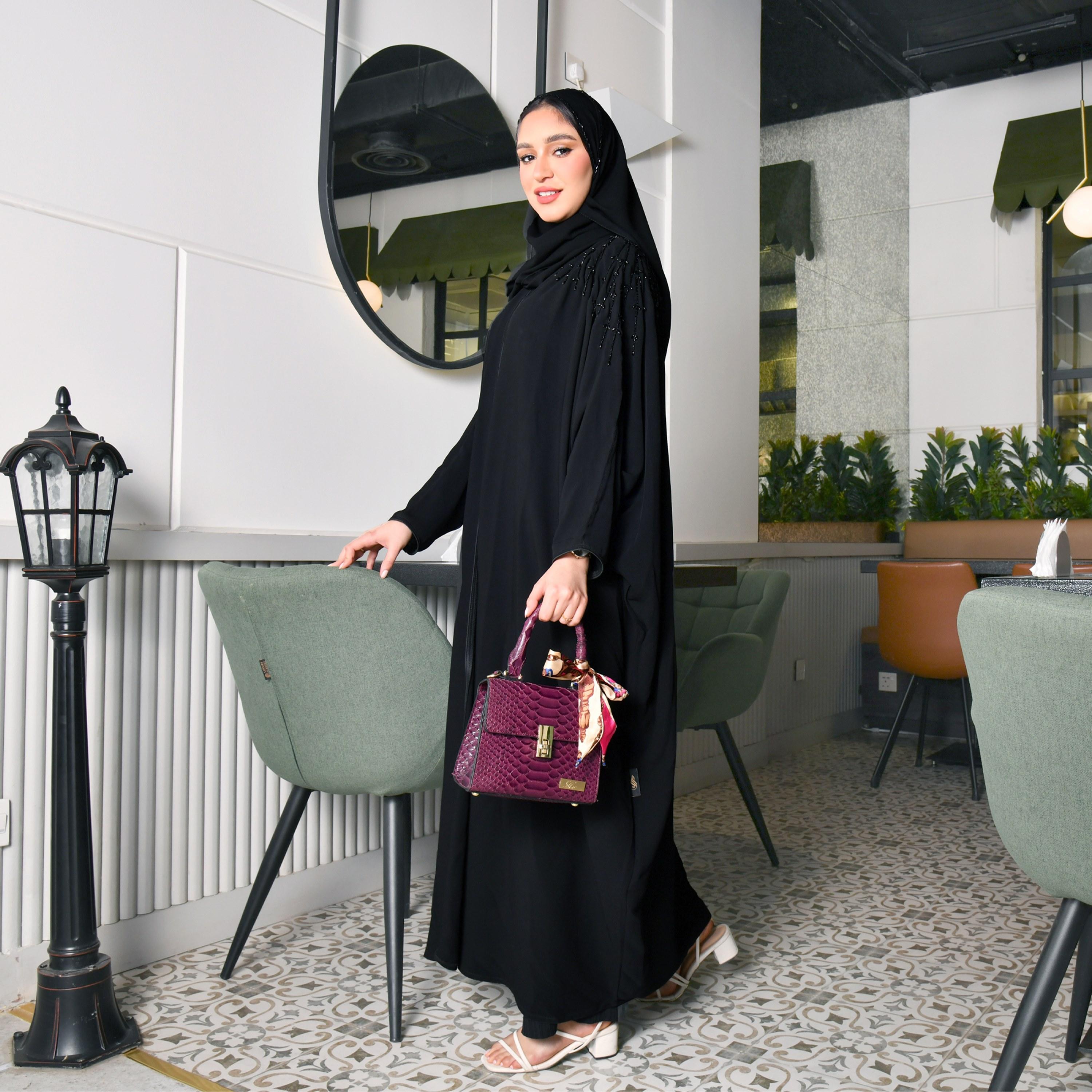 Hawraa Hand Beaded Black Butterfly Cut Abaya with Hijab-women-arabicclothing-abayas-image-4