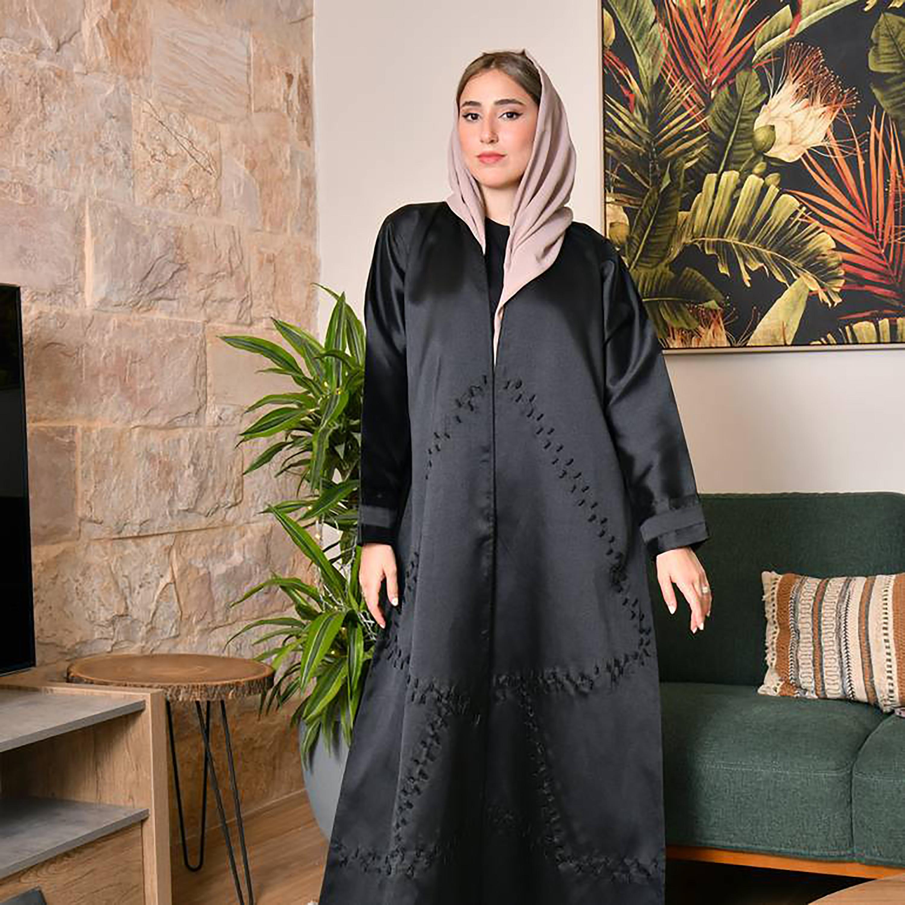 Hawraa Black Satin Beads Wrap Abaya with Hijab-women-arabicclothing-abayas-image-3