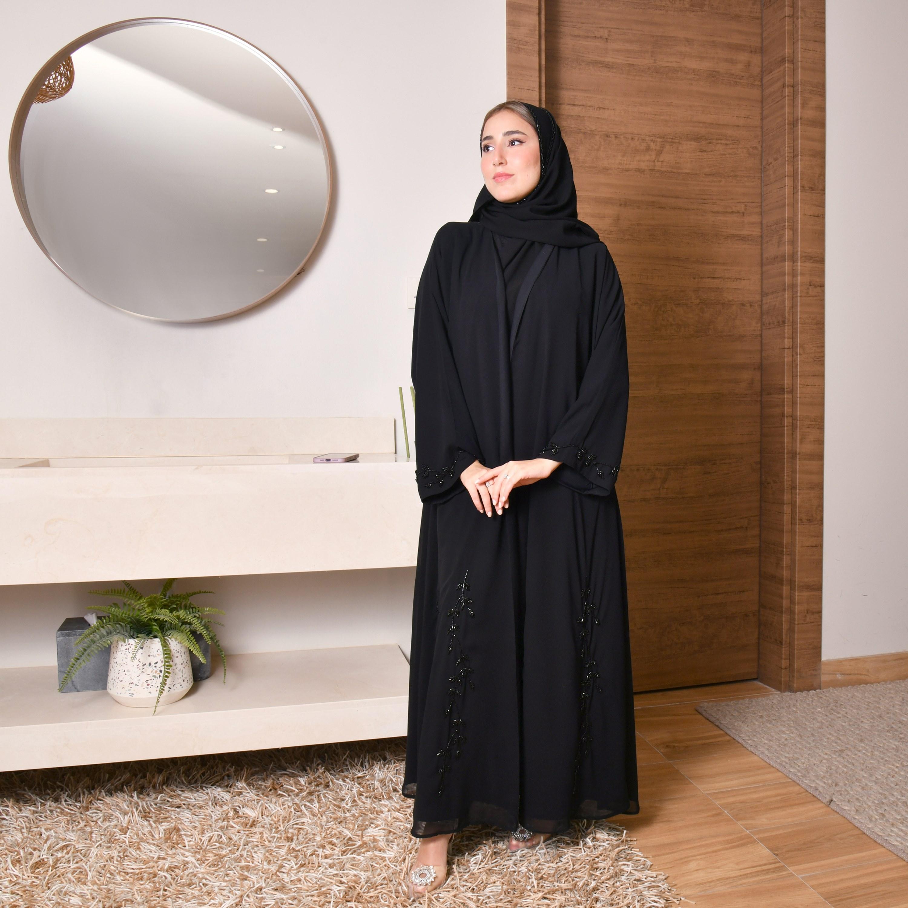 Hawraa Hand Beaded Black Cloche Abaya with Hijab-women-arabicclothing-abayas-image-1