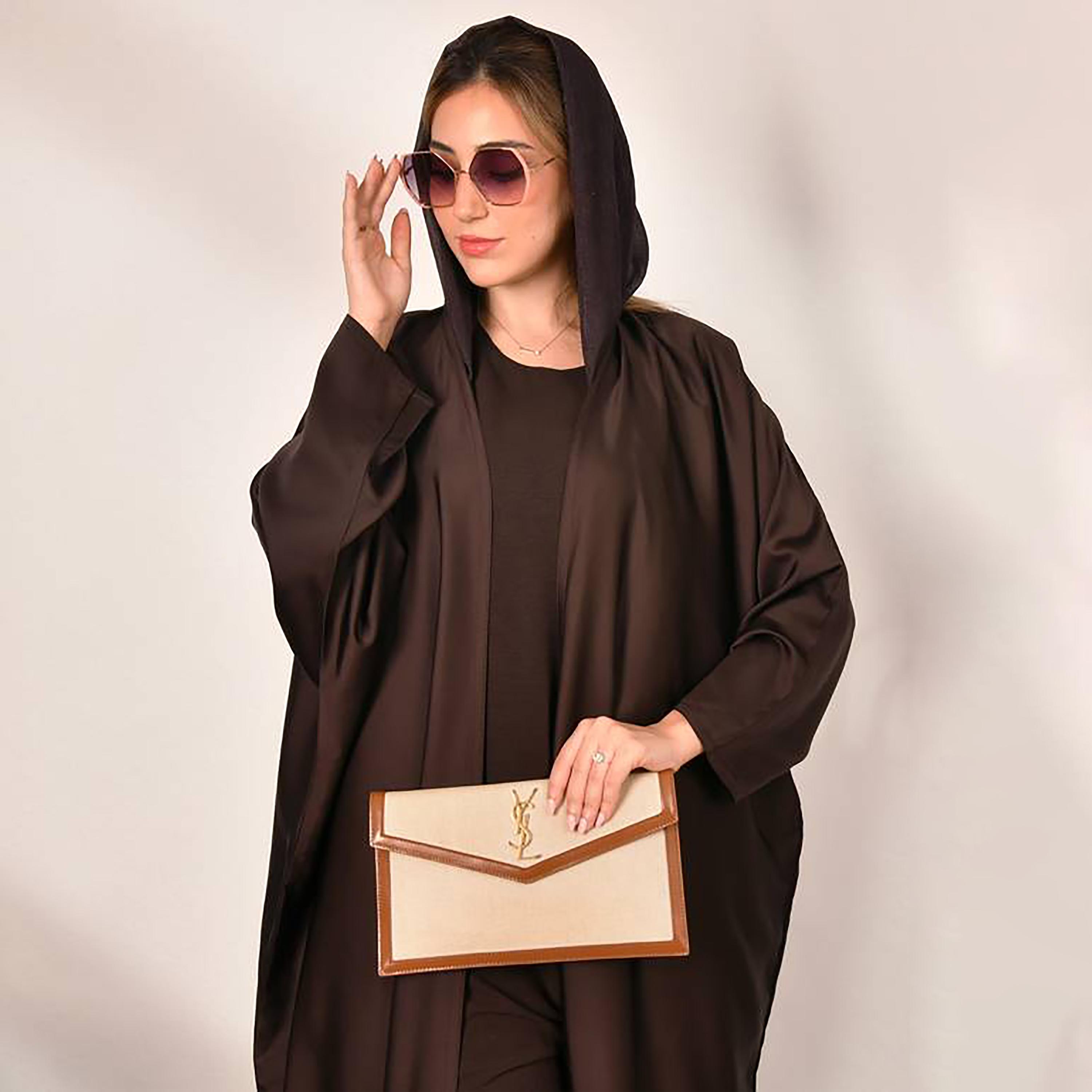 Hawraa Brown Batwing Sleeves Crepe Three-Piece Abaya with Hijab-women-arabicclothing-abayas-image-2