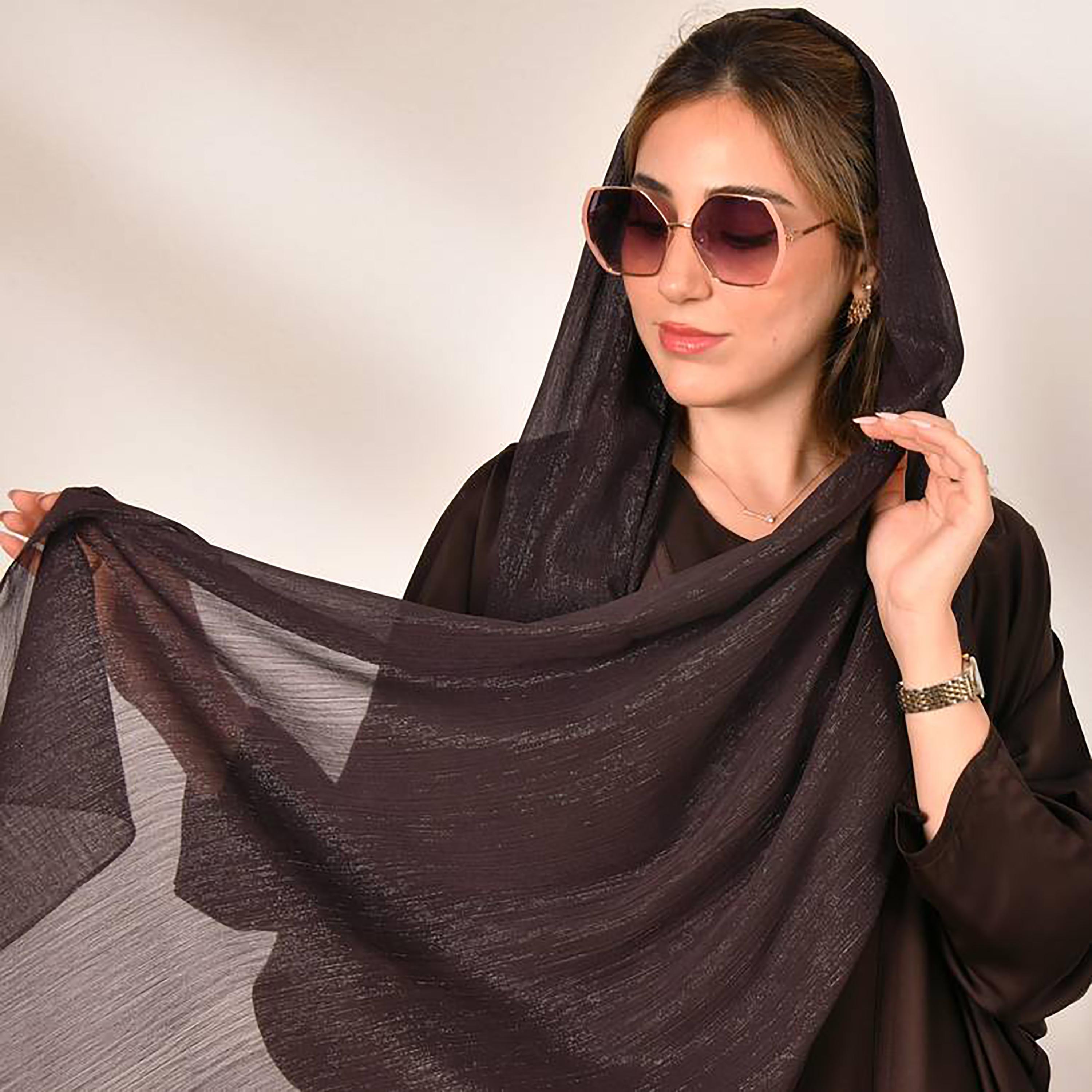 Hawraa Brown Batwing Sleeves Crepe Three-Piece Abaya with Hijab-women-arabicclothing-abayas-image-3