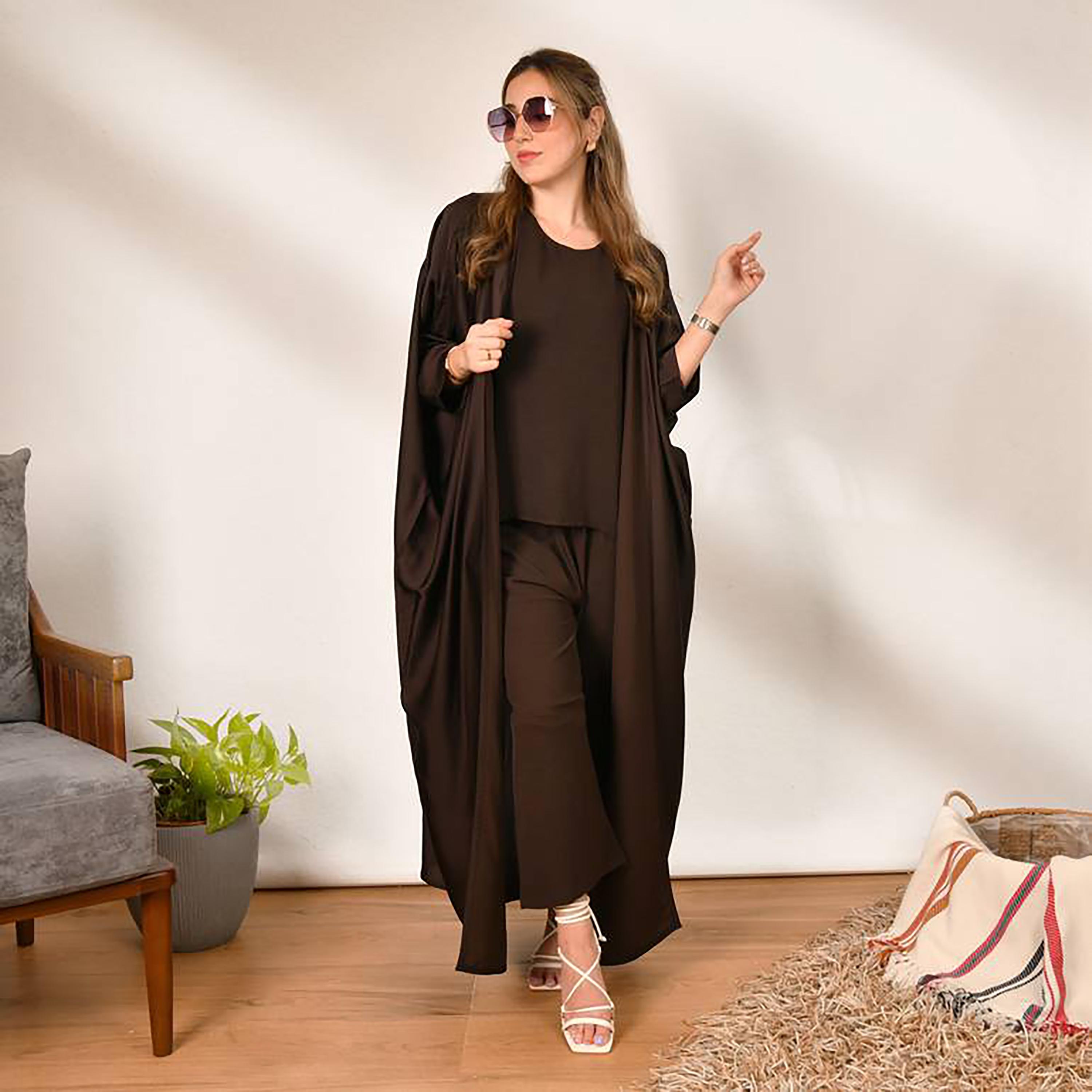 Hawraa Brown Batwing Sleeves Crepe Three-Piece Abaya with Hijab-women-arabicclothing-abayas-image-4