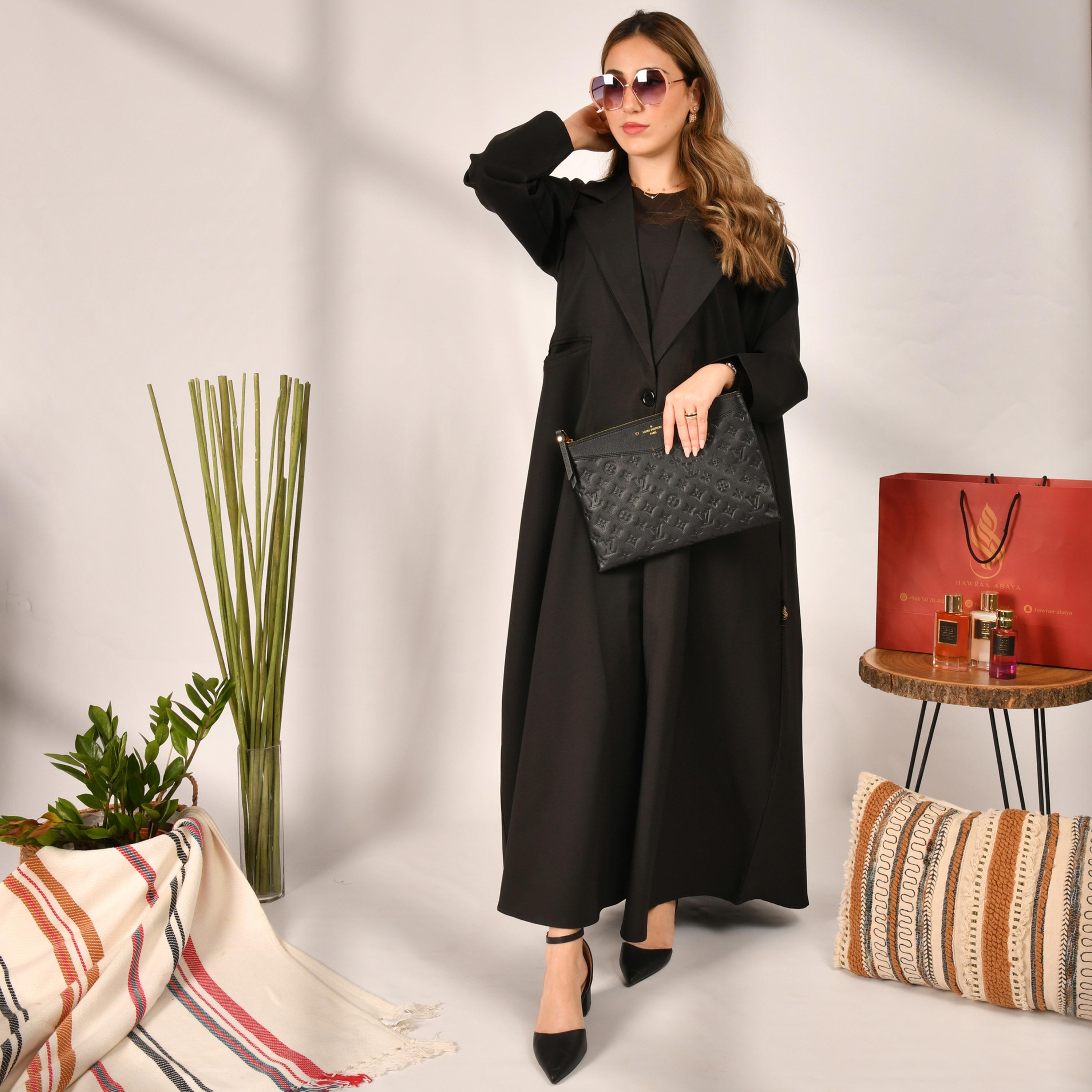 Hawraa Plain Coat Style Black Abaya with Hijab-women-arabicclothing-abayas-image-1