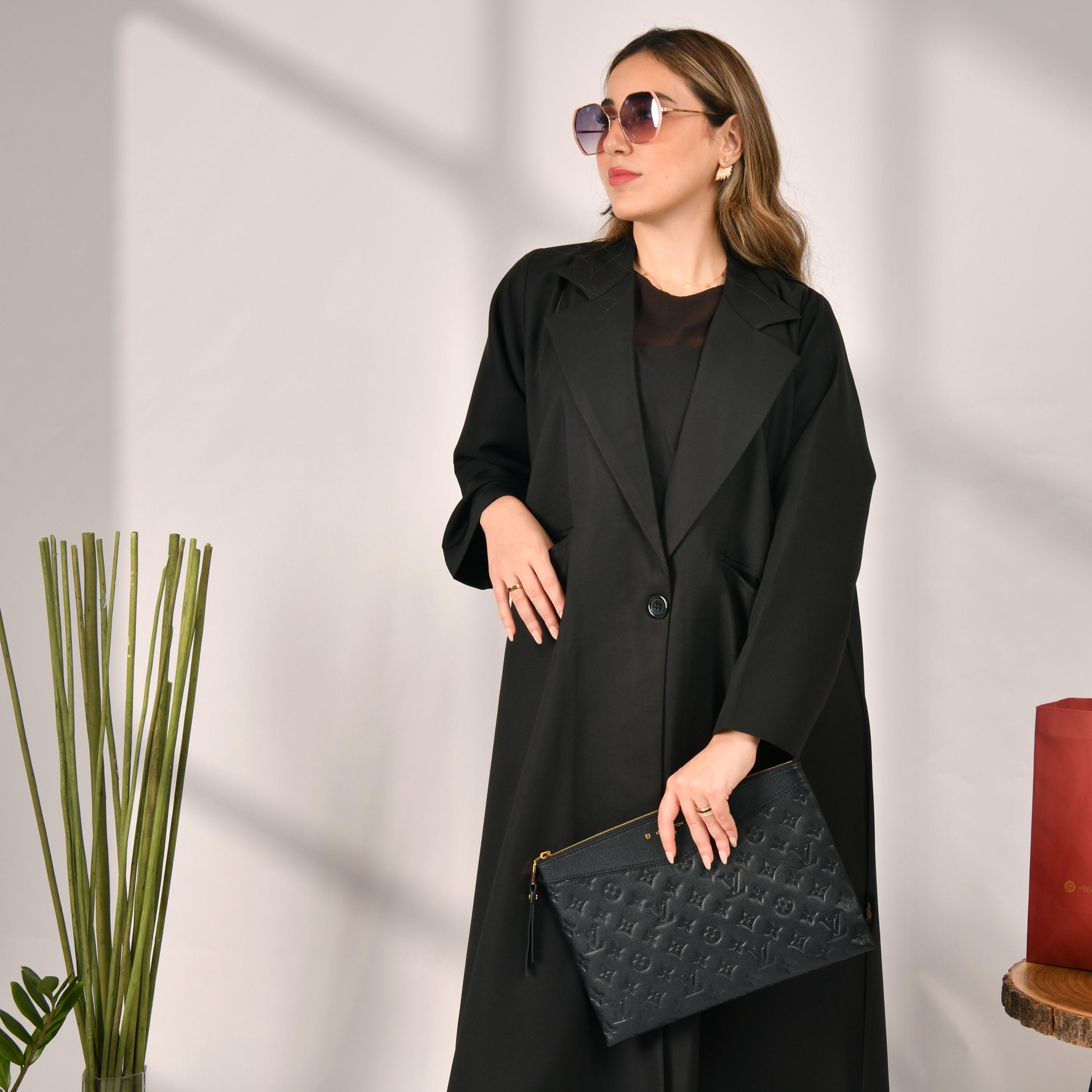 Hawraa Plain Coat Style Black Abaya with Hijab-women-arabicclothing-abayas-image-2