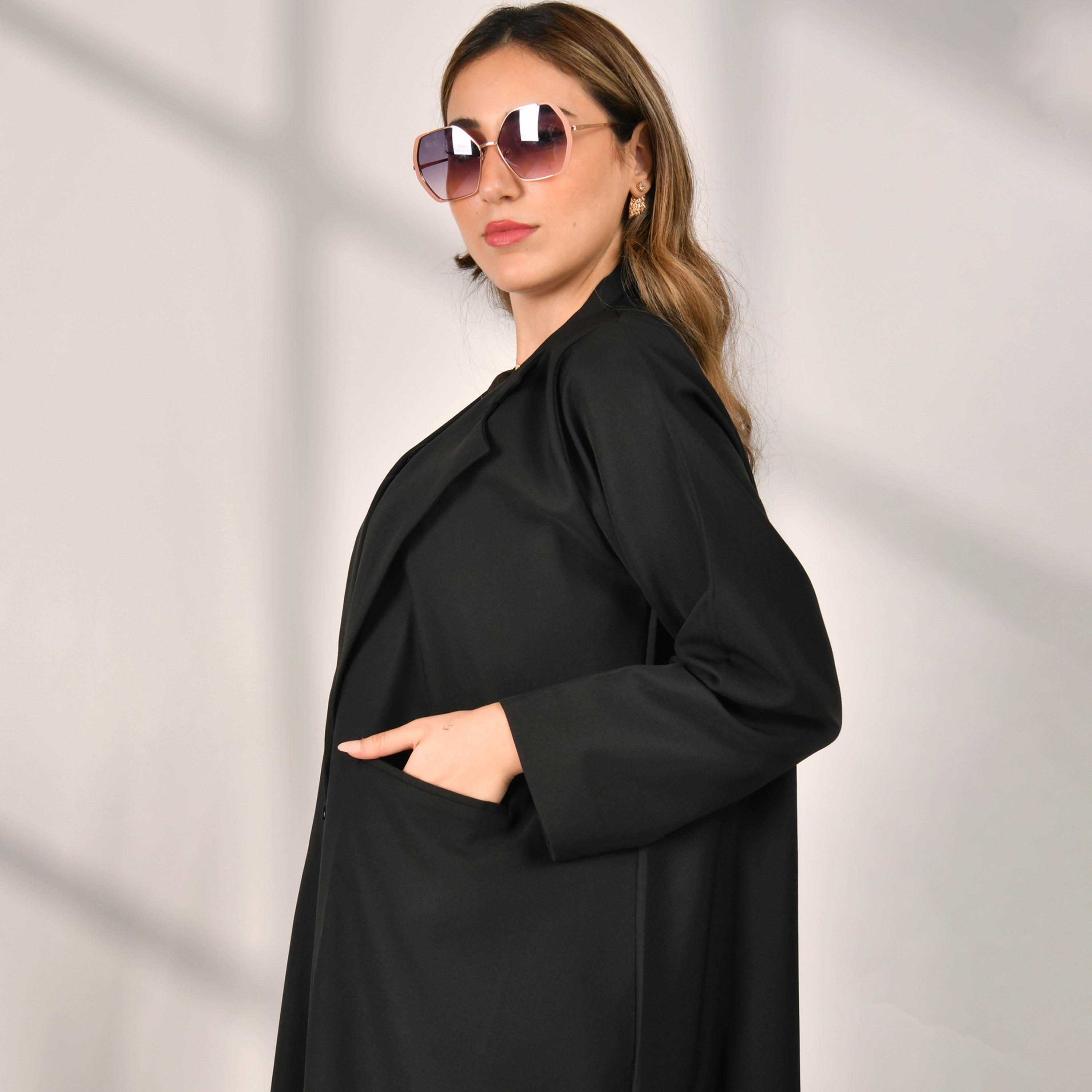 Hawraa Plain Coat Style Black Abaya with Hijab-women-arabicclothing-abayas-image-4