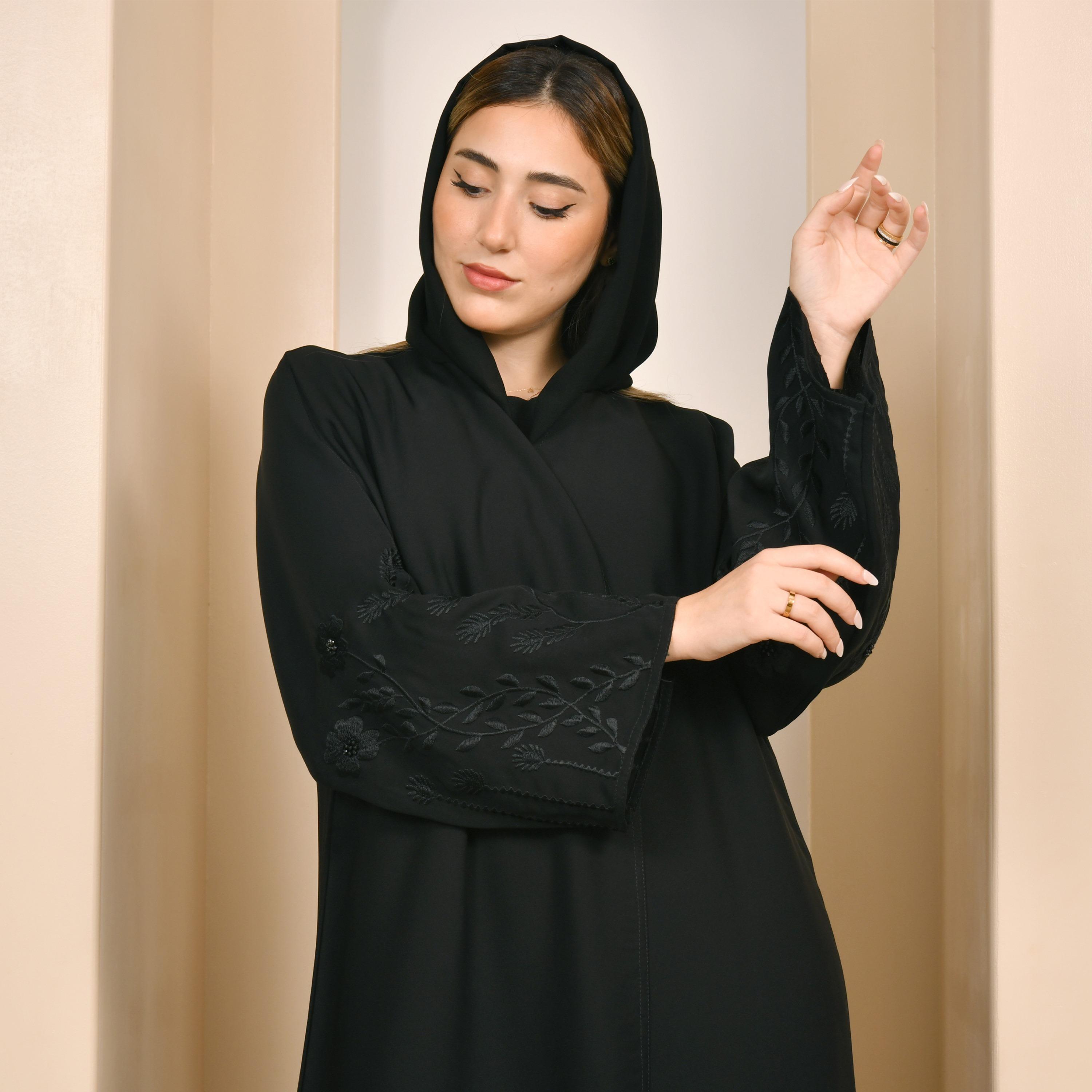 Hawraa Embroidered Sleeves Black Abaya with Hijab-women-arabicclothing-abayas-image-2