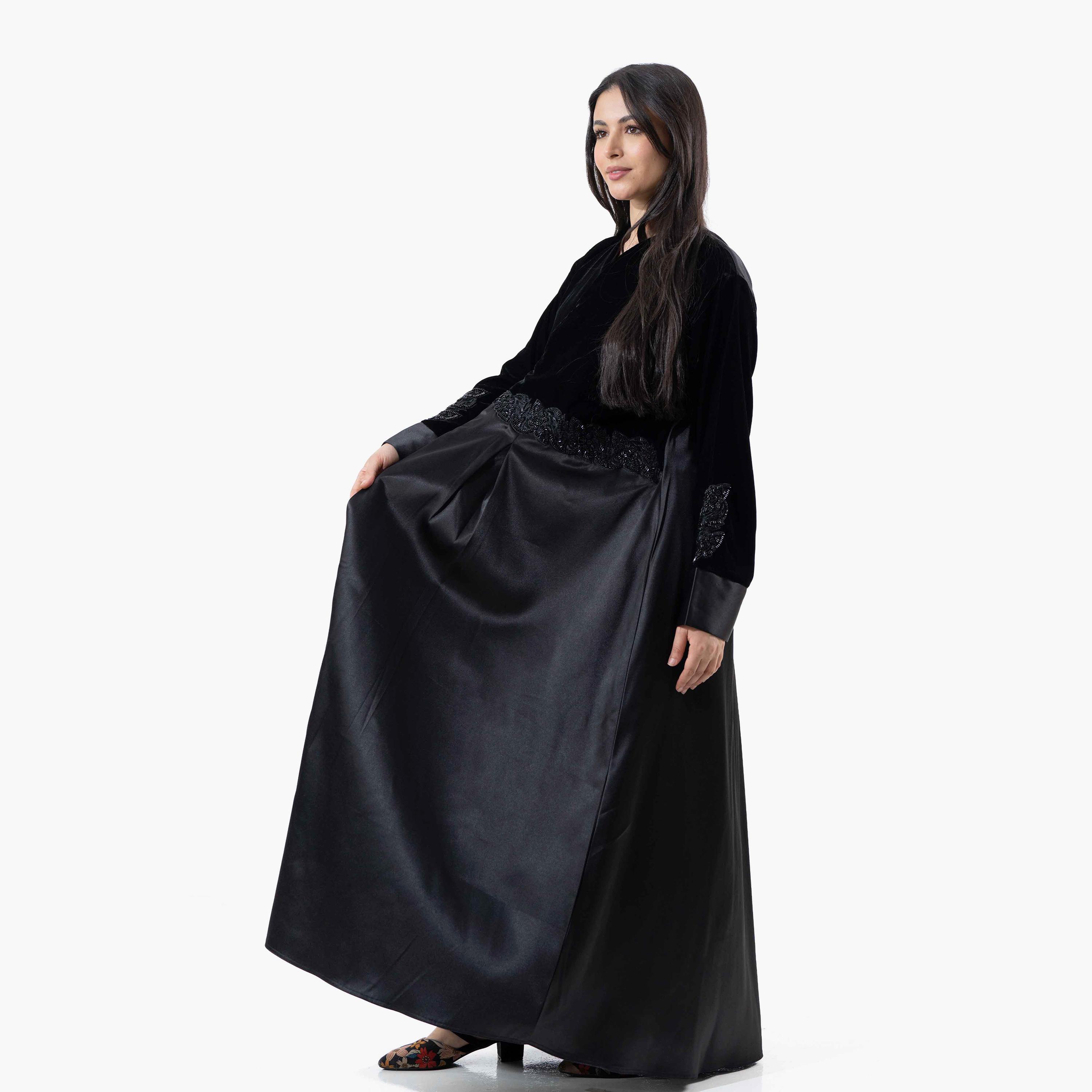 Zahiyh Black Embroidered Evening Women's Winter Abaya with Tarha-women-arabicclothing-abayas-image-2