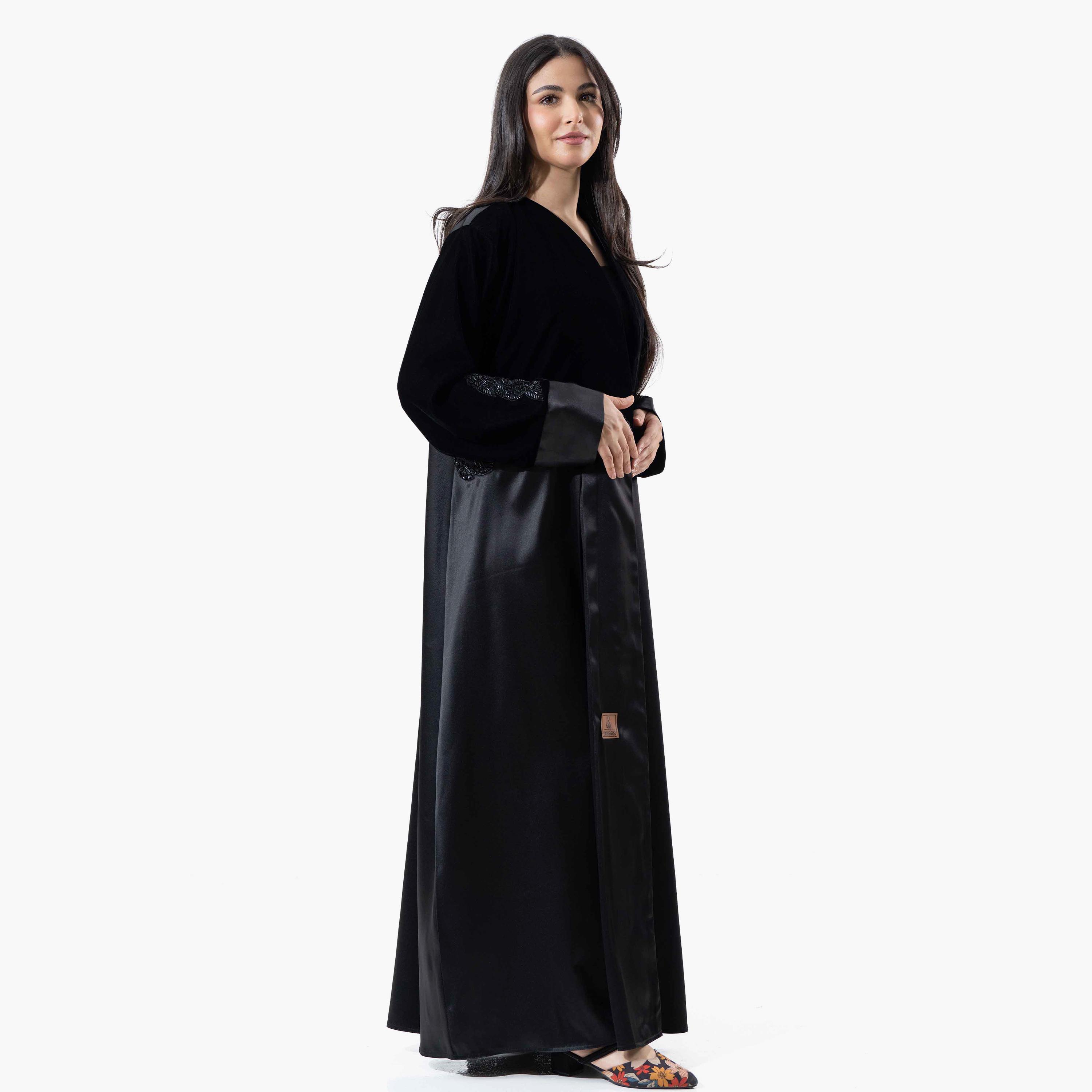 Zahiyh Black Embroidered Evening Women's Winter Abaya with Tarha-women-arabicclothing-abayas-image-3