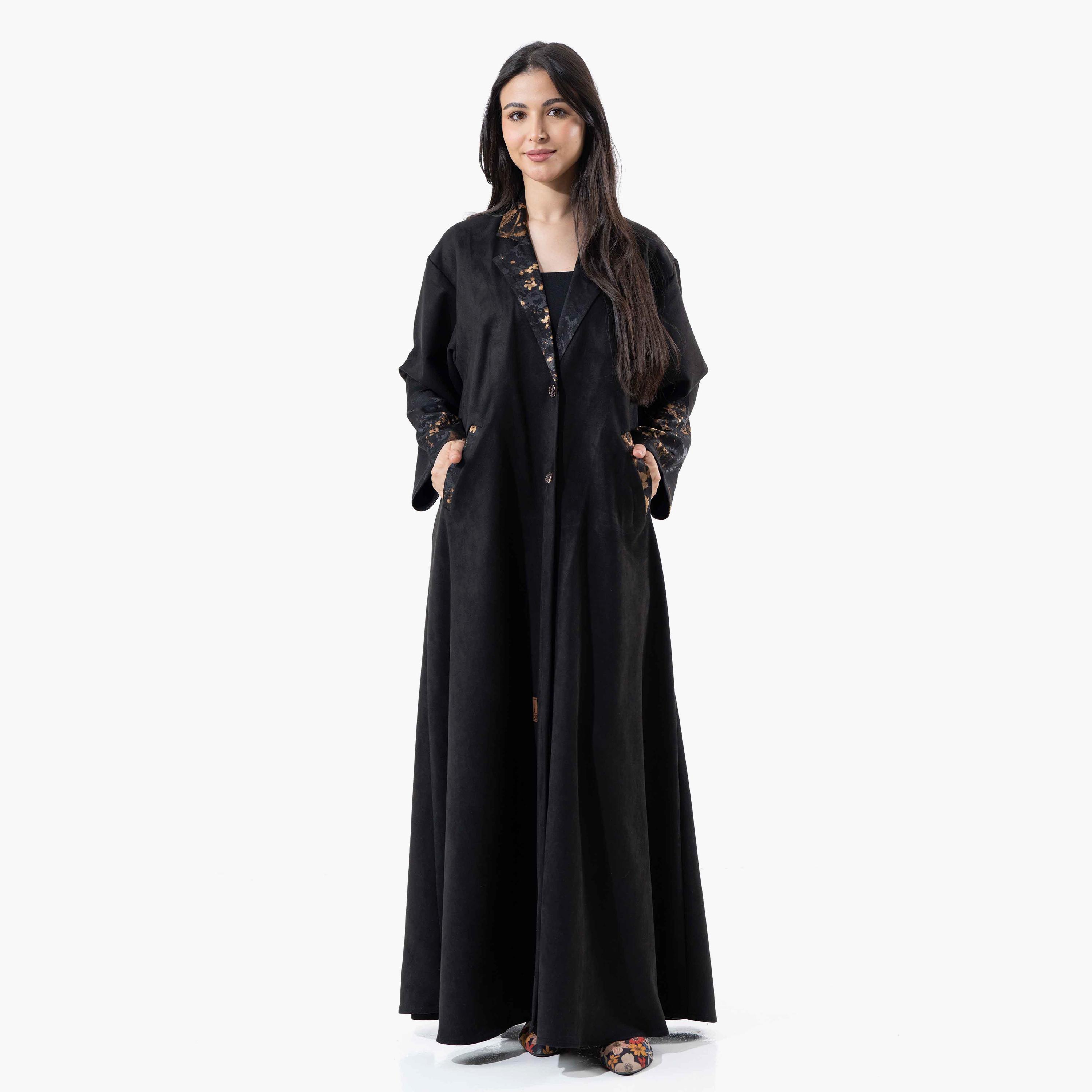Zahiyh Black Plain Lapel Collared Wide Sleeves Women's Winter Abaya with Tarha-women-arabicclothing-abayas-image-1