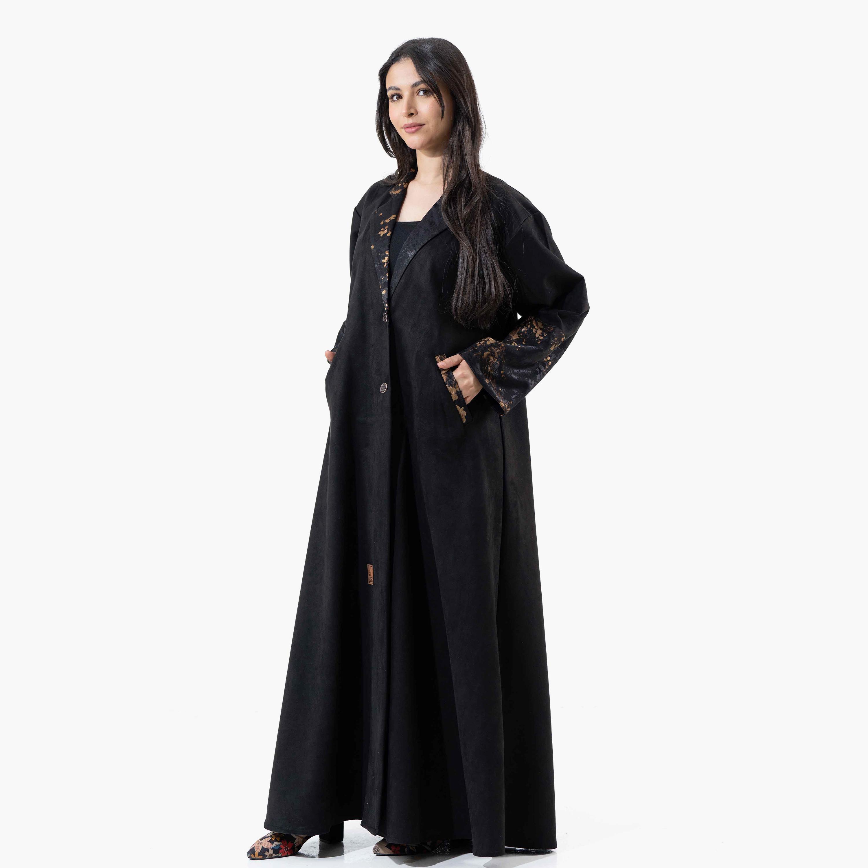 Zahiyh Black Plain Lapel Collared Wide Sleeves Women's Winter Abaya with Tarha-women-arabicclothing-abayas-image-2