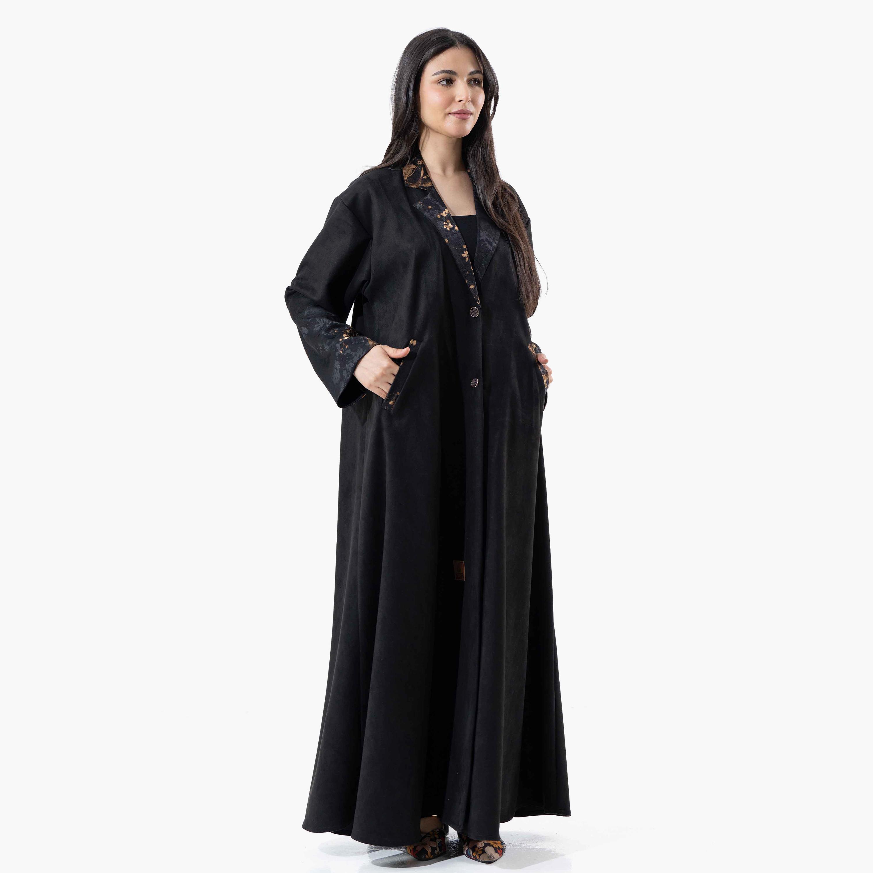 Zahiyh Black Plain Lapel Collared Wide Sleeves Women's Winter Abaya with Tarha-women-arabicclothing-abayas-image-3