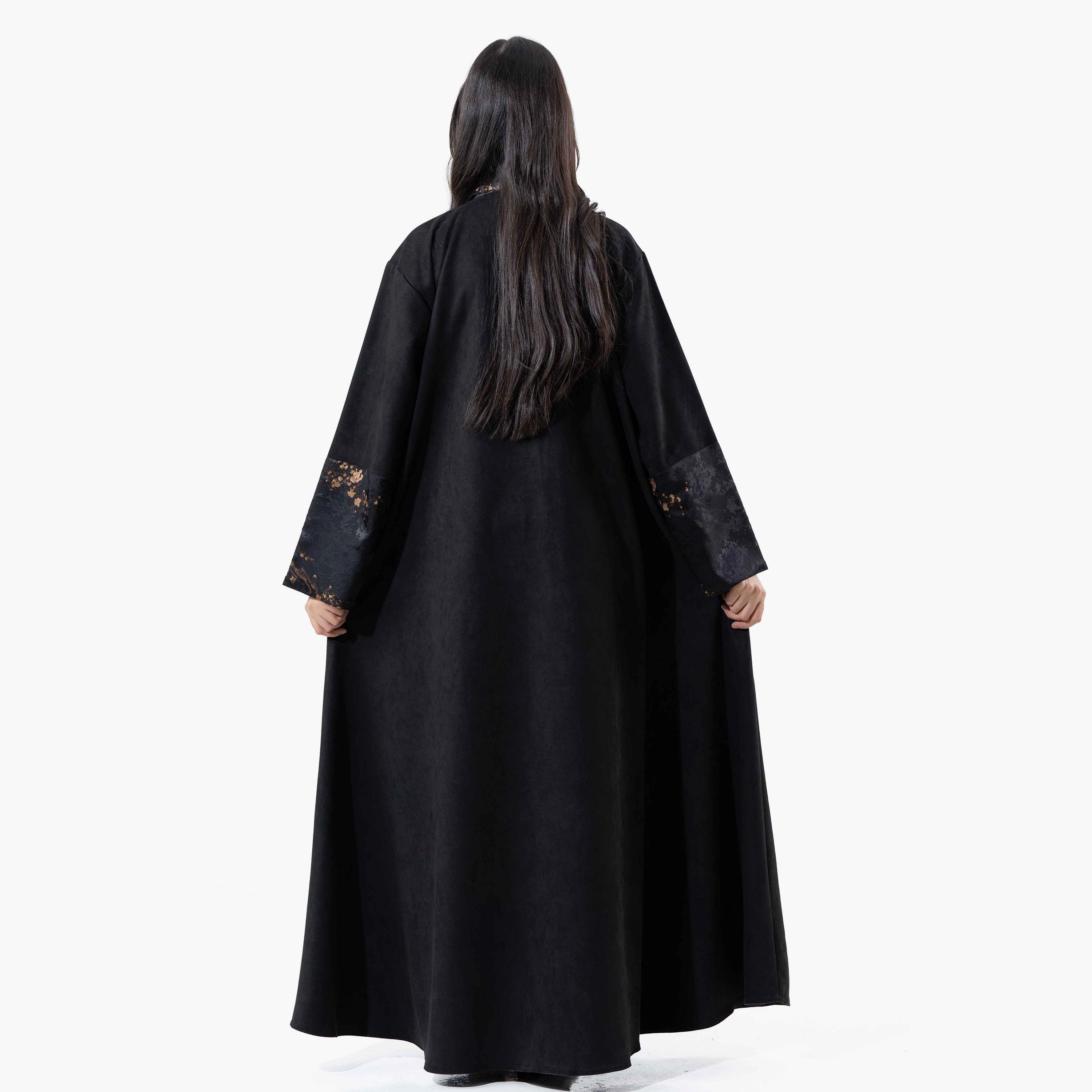 Zahiyh Black Plain Lapel Collared Wide Sleeves Women's Winter Abaya with Tarha-women-arabicclothing-abayas-image-4