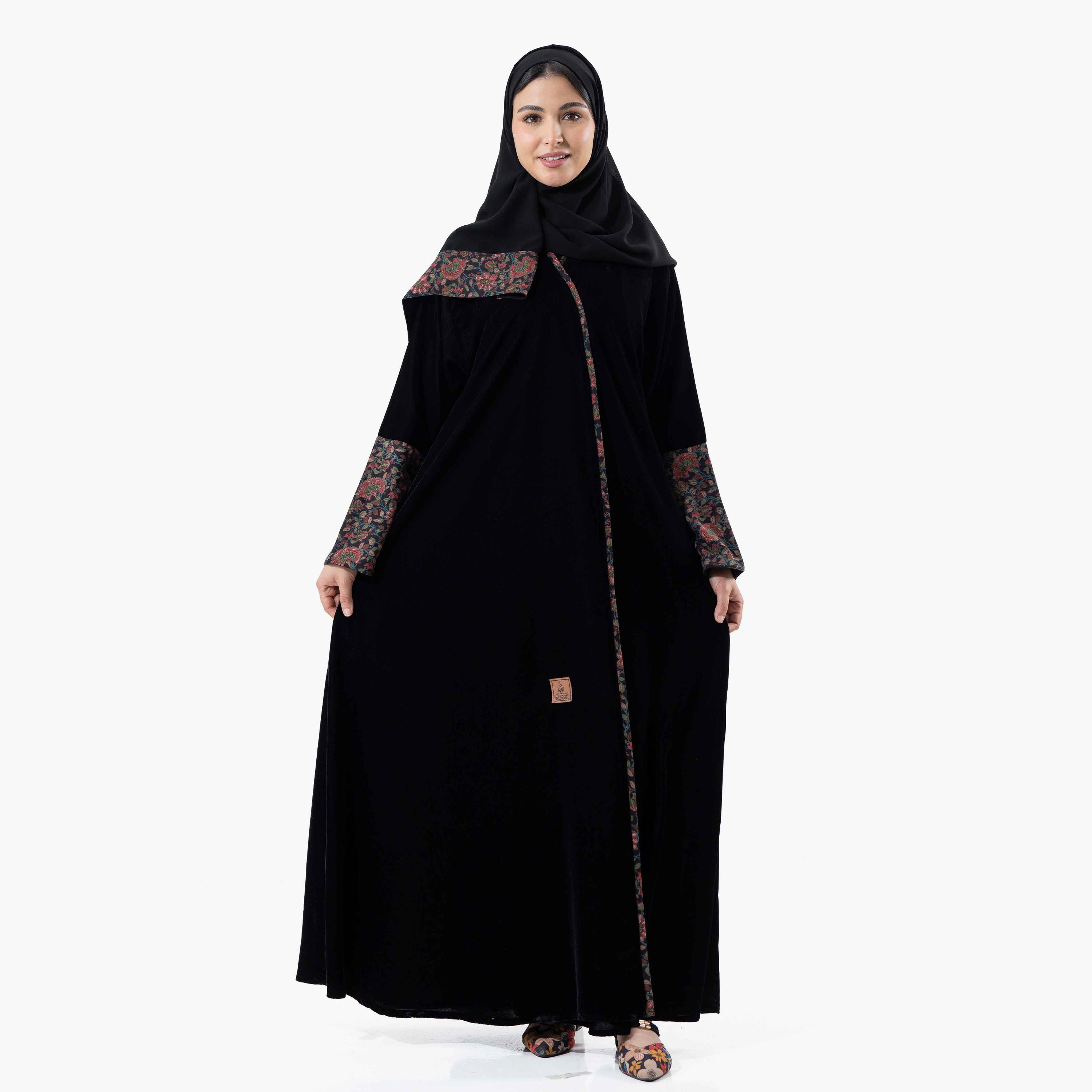Zahiyh Black Printed Flared Sleeves Women's Winter Abaya with Tarha-women-arabicclothing-abayas-image-1