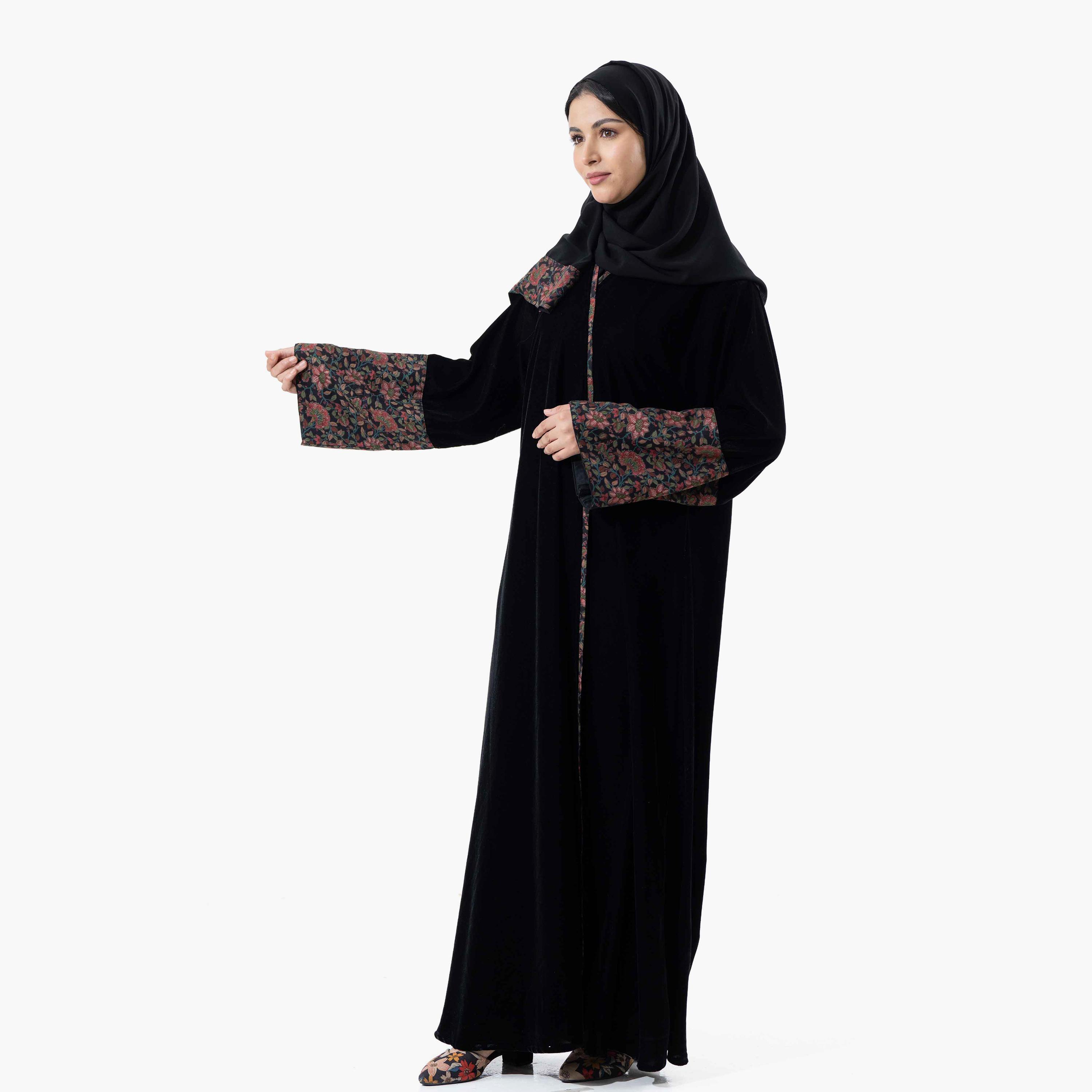 Zahiyh Black Printed Flared Sleeves Women's Winter Abaya with Tarha-women-arabicclothing-abayas-image-2