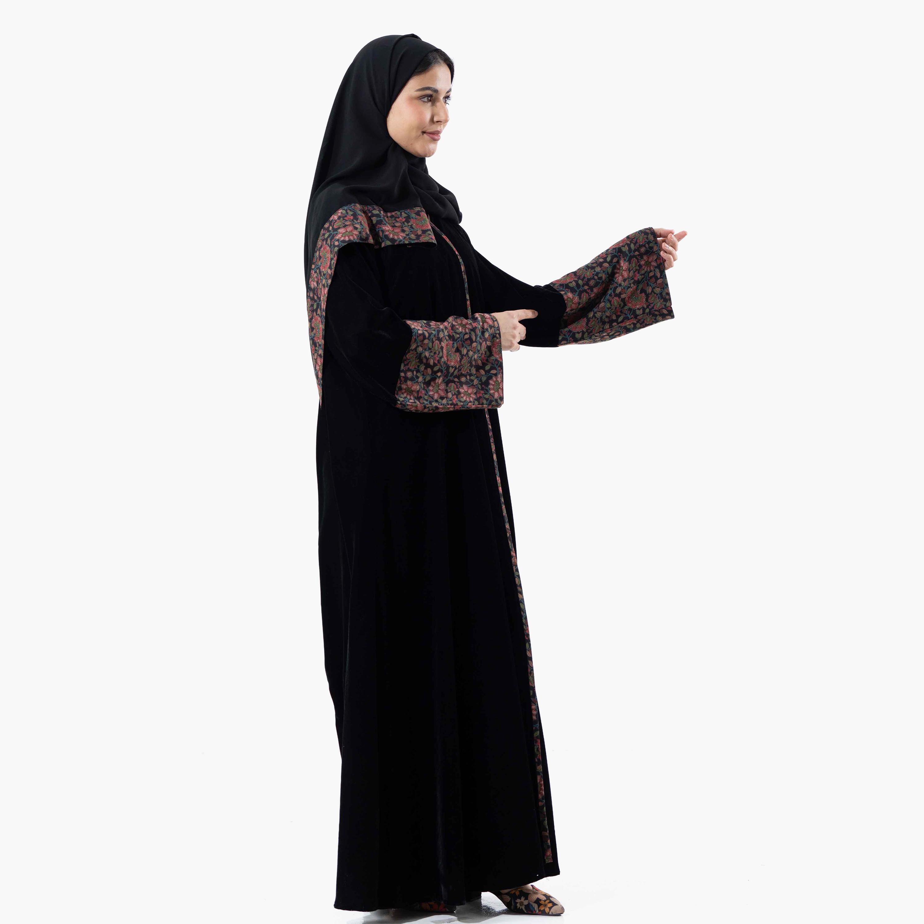 Zahiyh Black Printed Flared Sleeves Women's Winter Abaya with Tarha-women-arabicclothing-abayas-image-3