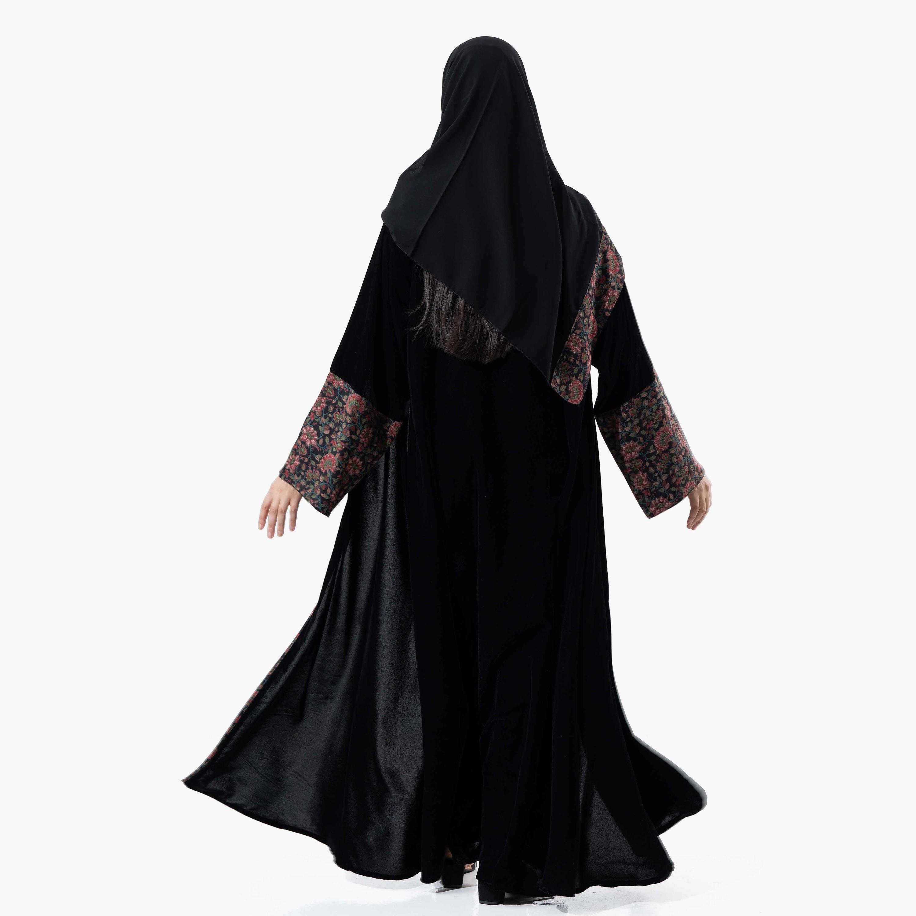 Zahiyh Black Printed Flared Sleeves Women's Winter Abaya with Tarha-women-arabicclothing-abayas-image-4