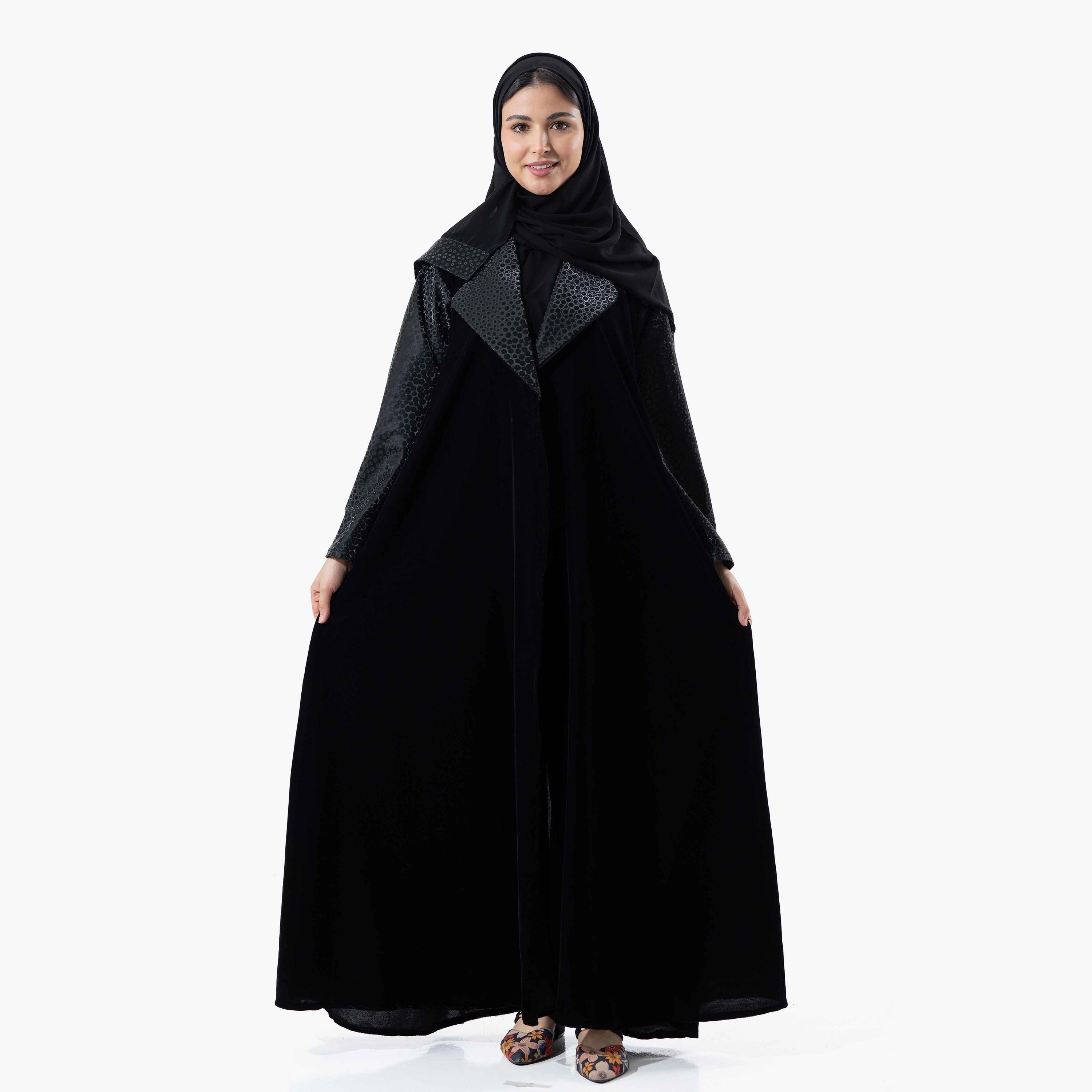 Zahiyh Printed Lapel Collared Velvet Women's Winter Abaya with Tarha-women-arabicclothing-abayas-image-1