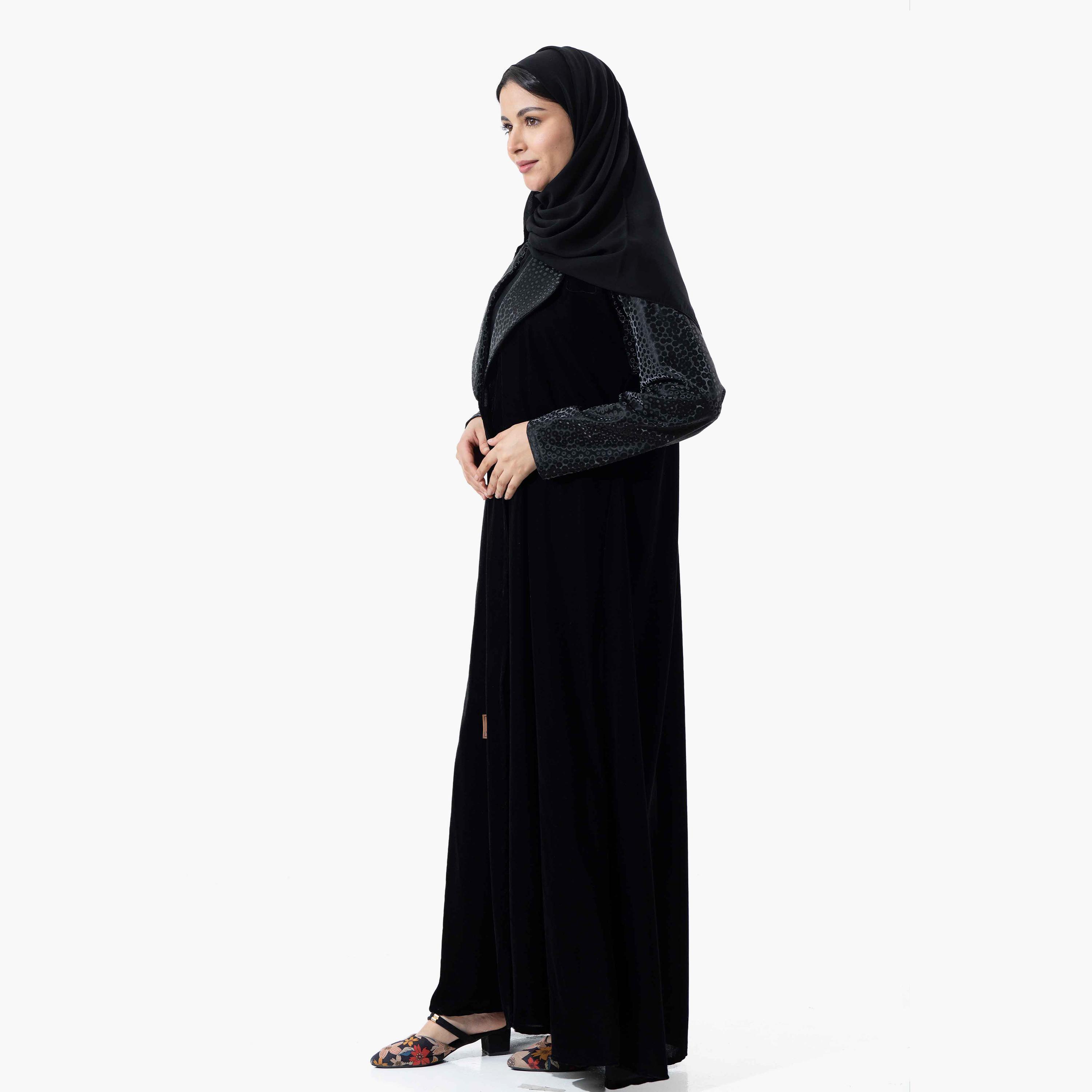 Zahiyh Printed Lapel Collared Velvet Women's Winter Abaya with Tarha-women-arabicclothing-abayas-image-2
