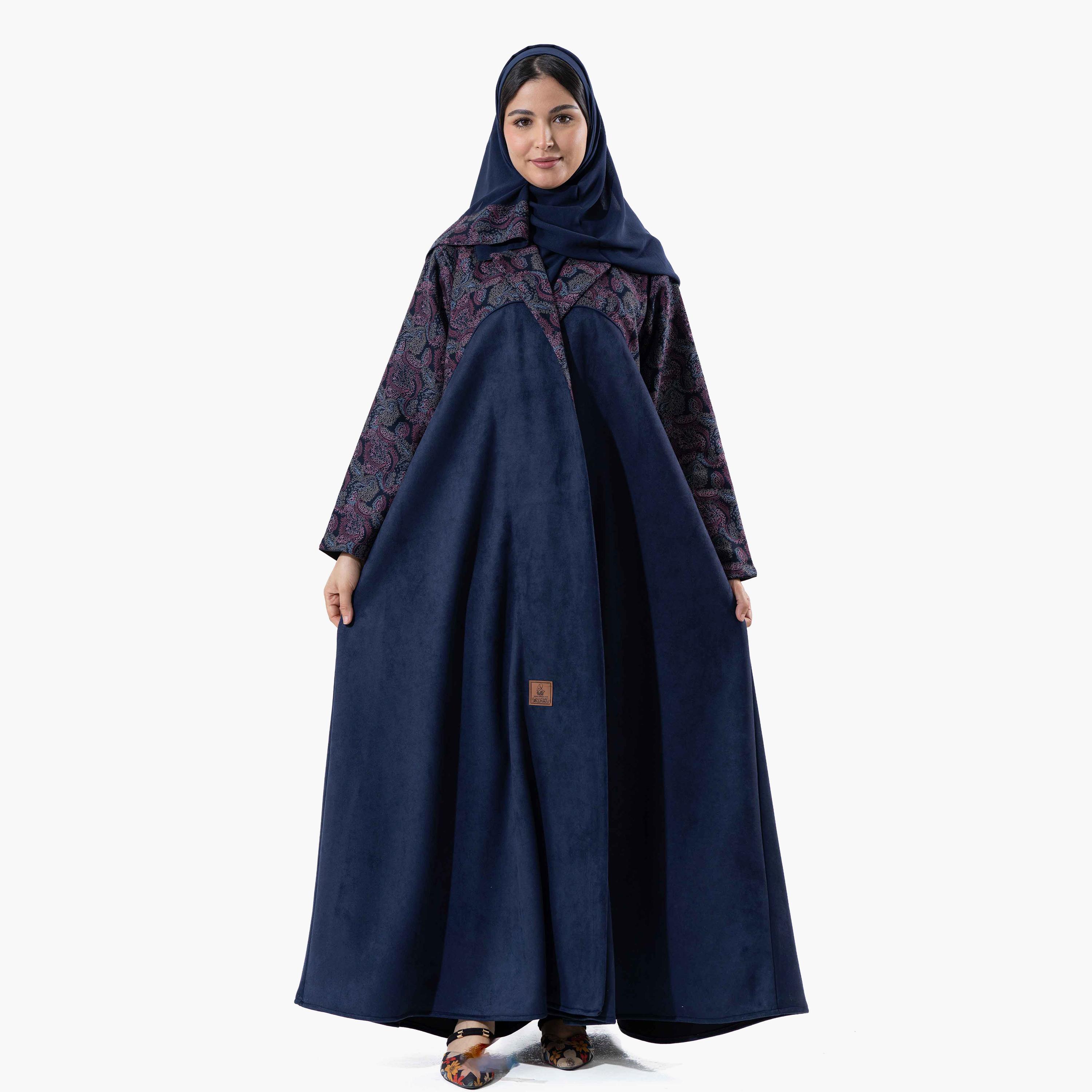 Zahiyh Navy Blue Printed Lapel Collared Wide Sleeves Women's Winter Abaya with Tarha-women-arabicclothing-abayas-image-1
