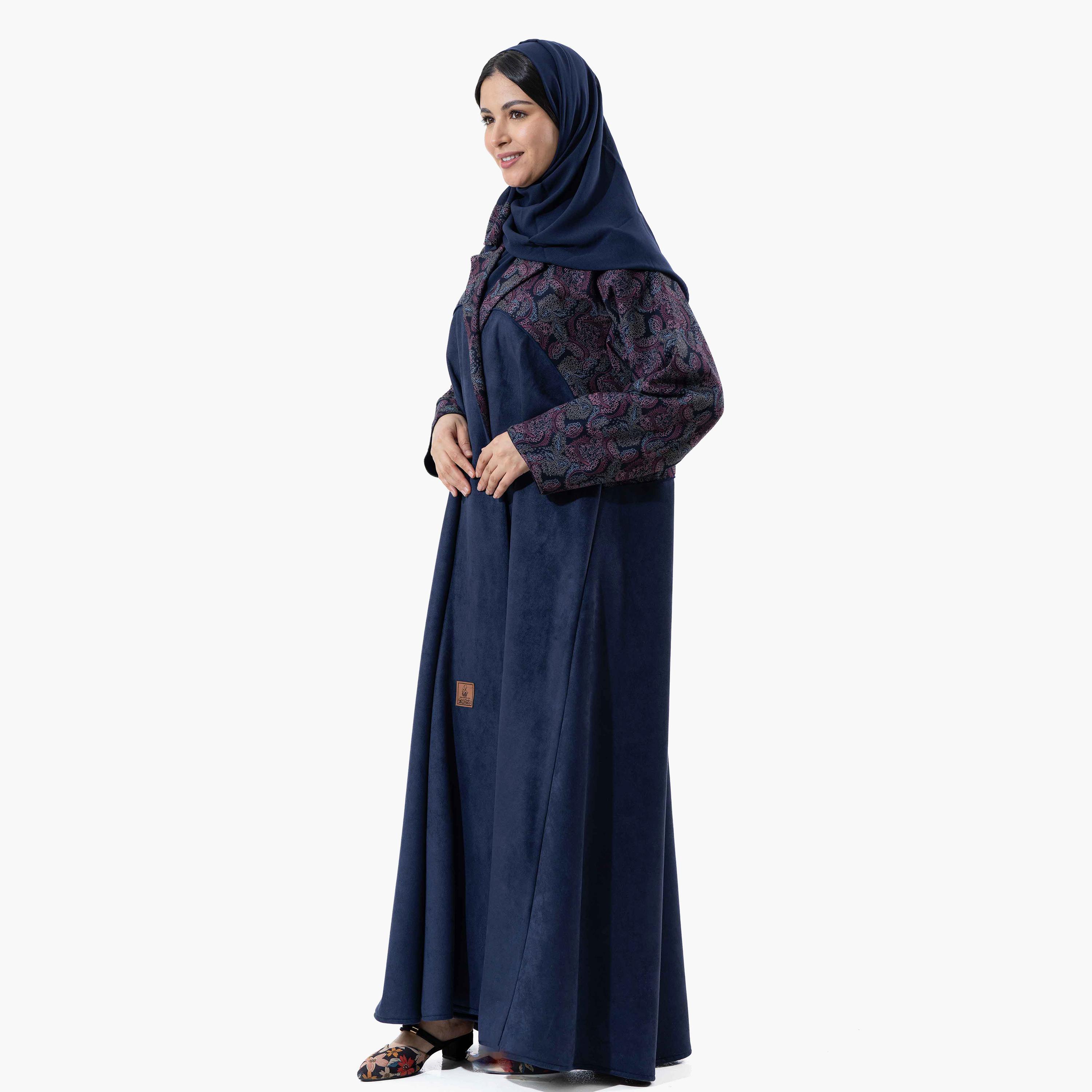 Zahiyh Navy Blue Printed Lapel Collared Wide Sleeves Women's Winter Abaya with Tarha-women-arabicclothing-abayas-image-2