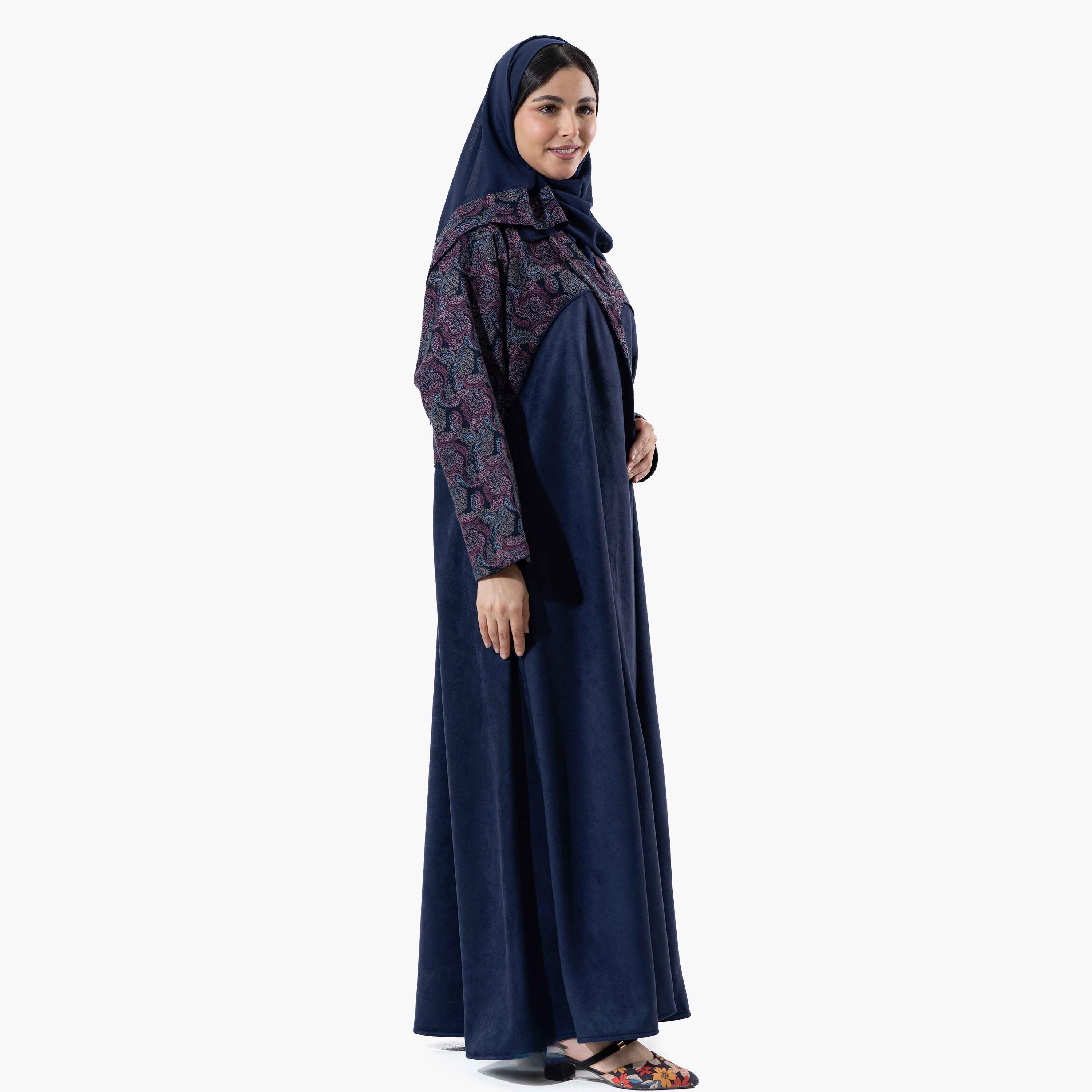 Zahiyh Navy Blue Printed Lapel Collared Wide Sleeves Women's Winter Abaya with Tarha-women-arabicclothing-abayas-image-3