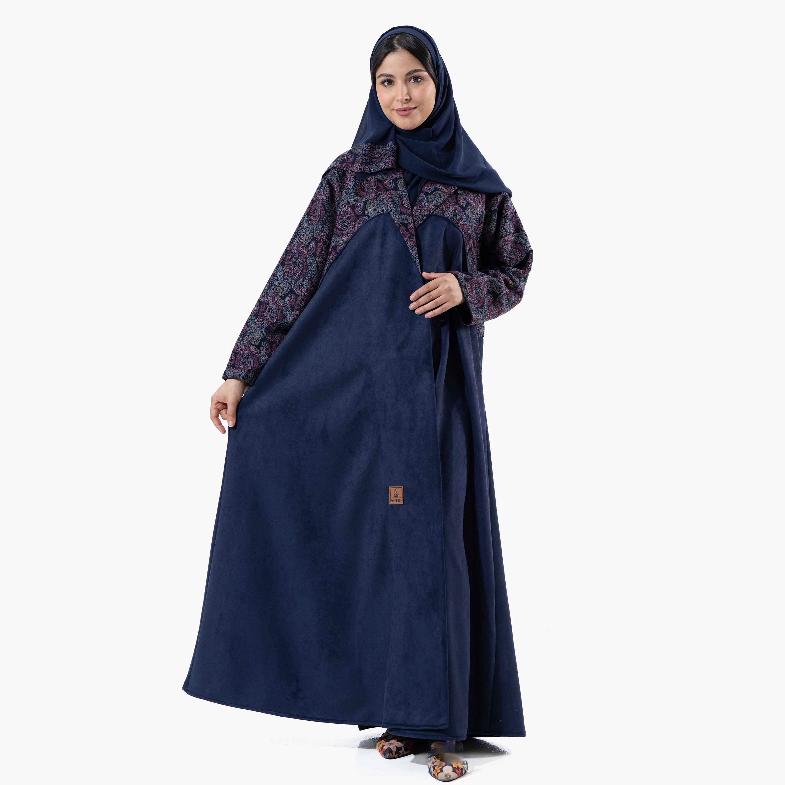 Zahiyh Navy Blue Printed Lapel Collared Wide Sleeves Women's Winter Abaya with Tarha-women-arabicclothing-abayas-image-4