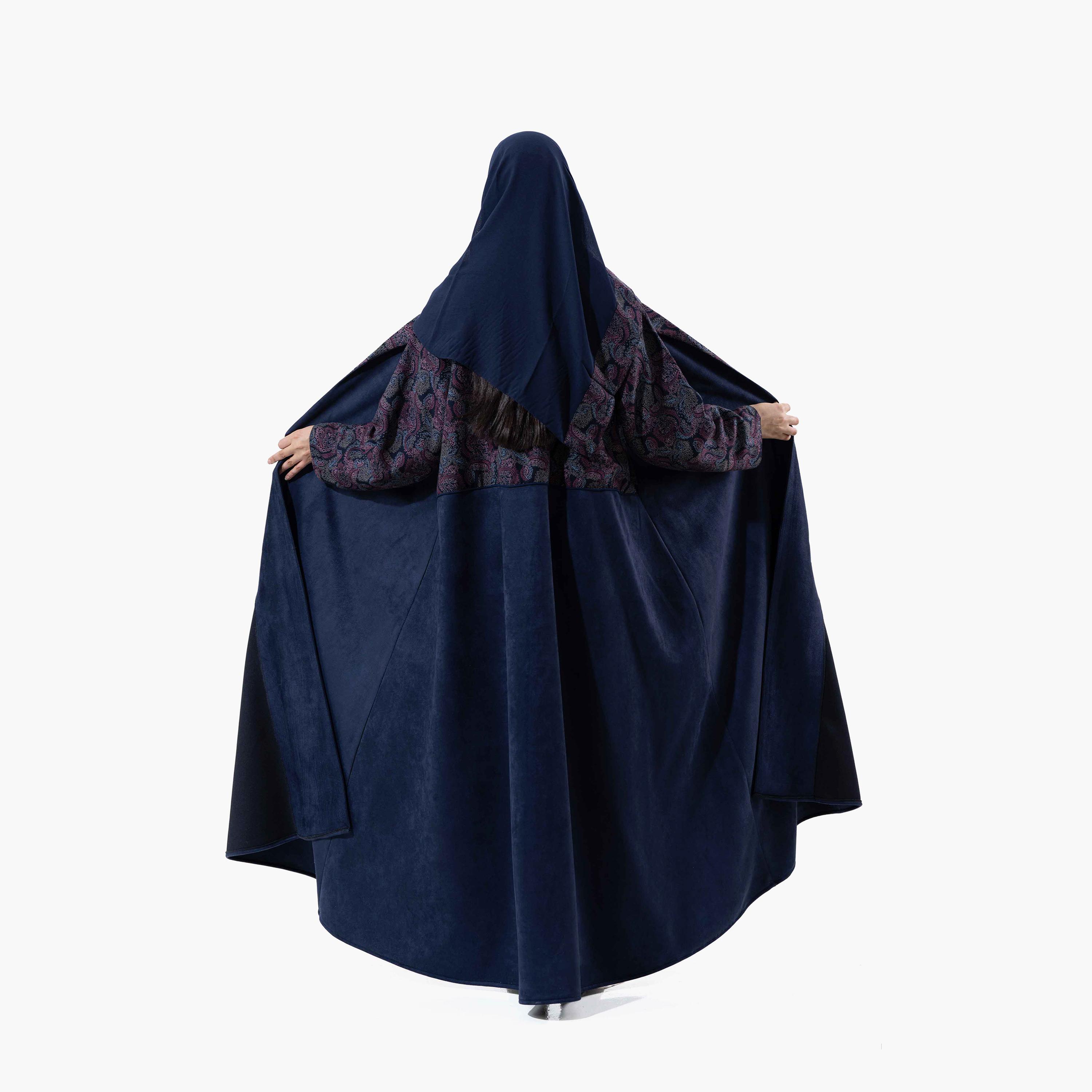 Zahiyh Navy Blue Printed Lapel Collared Wide Sleeves Women's Winter Abaya with Tarha-women-arabicclothing-abayas-image-5