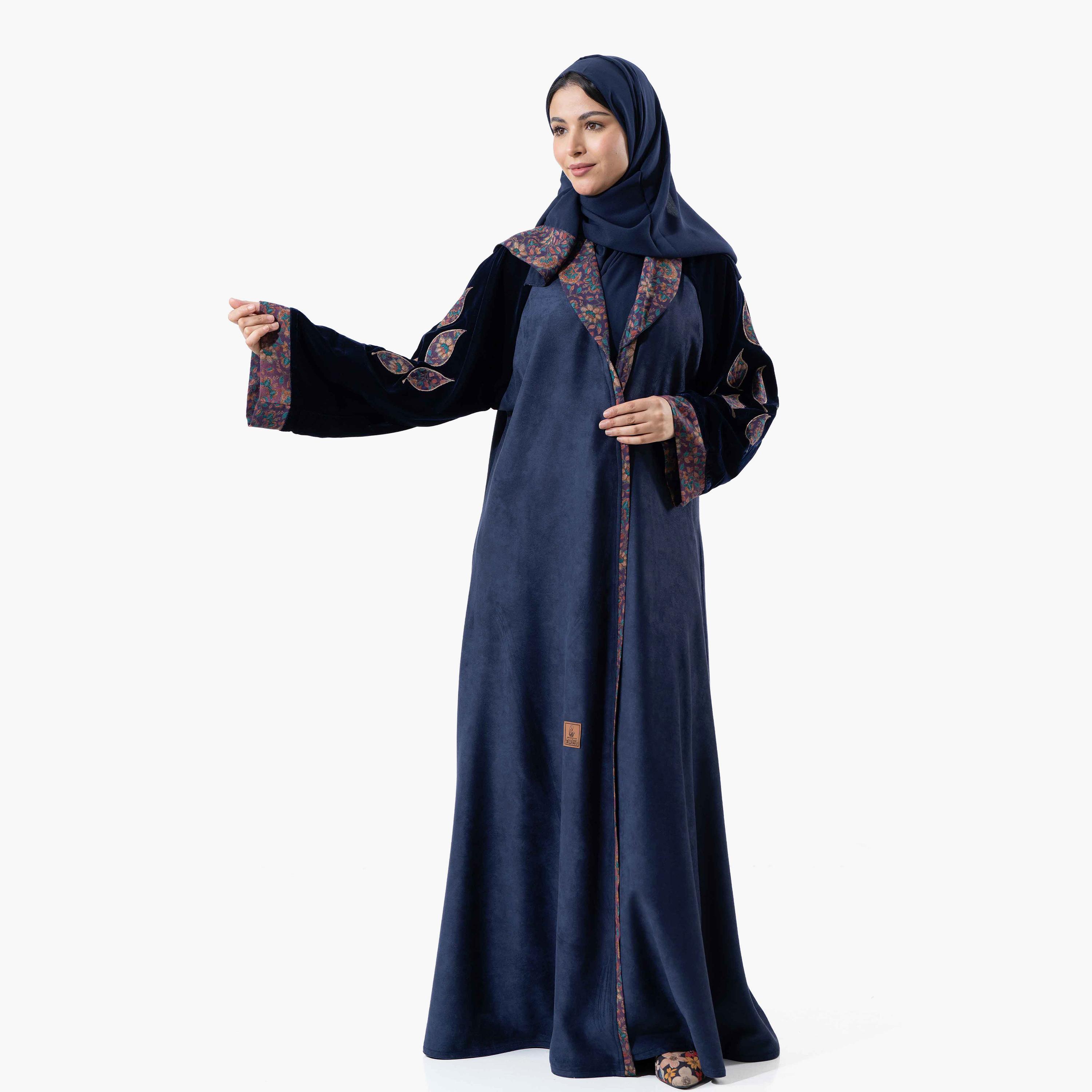Zahiyh Navy Blue Embroidered Lapel Collared Wide Sleeves Women's Winter Abaya with Tarha-women-arabicclothing-abayas-image-1