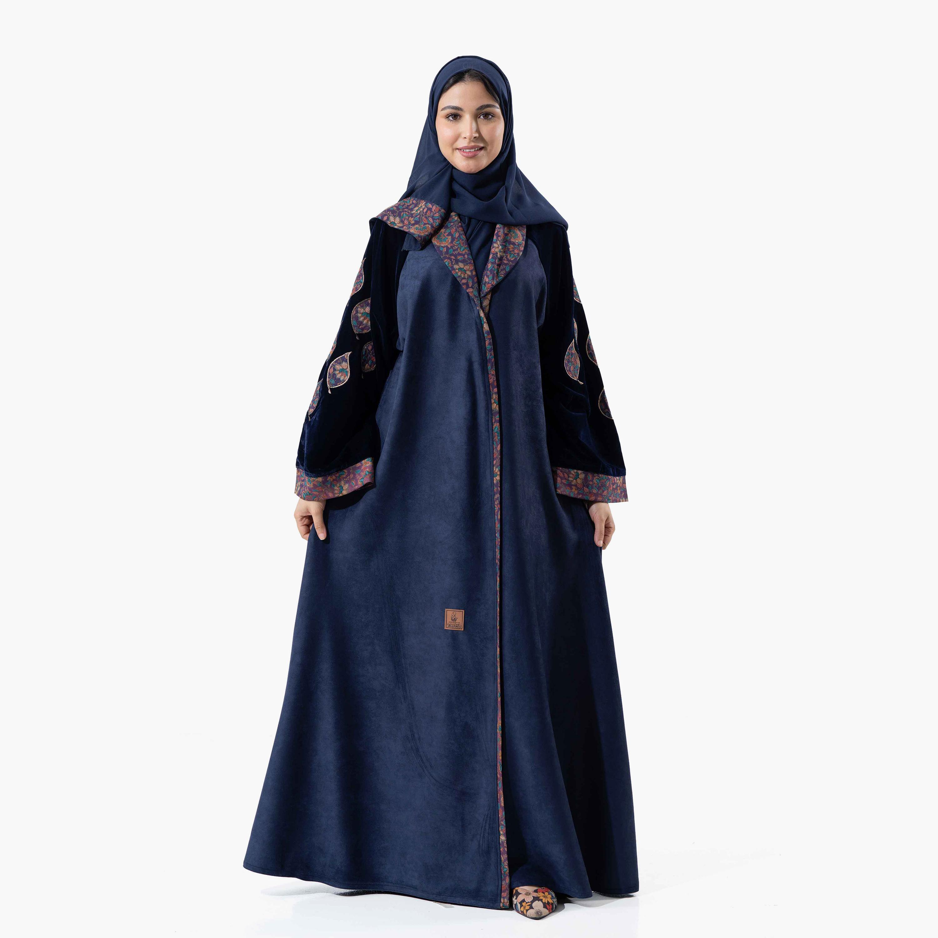 Zahiyh Navy Blue Embroidered Lapel Collared Wide Sleeves Women's Winter Abaya with Tarha-women-arabicclothing-abayas-image-2