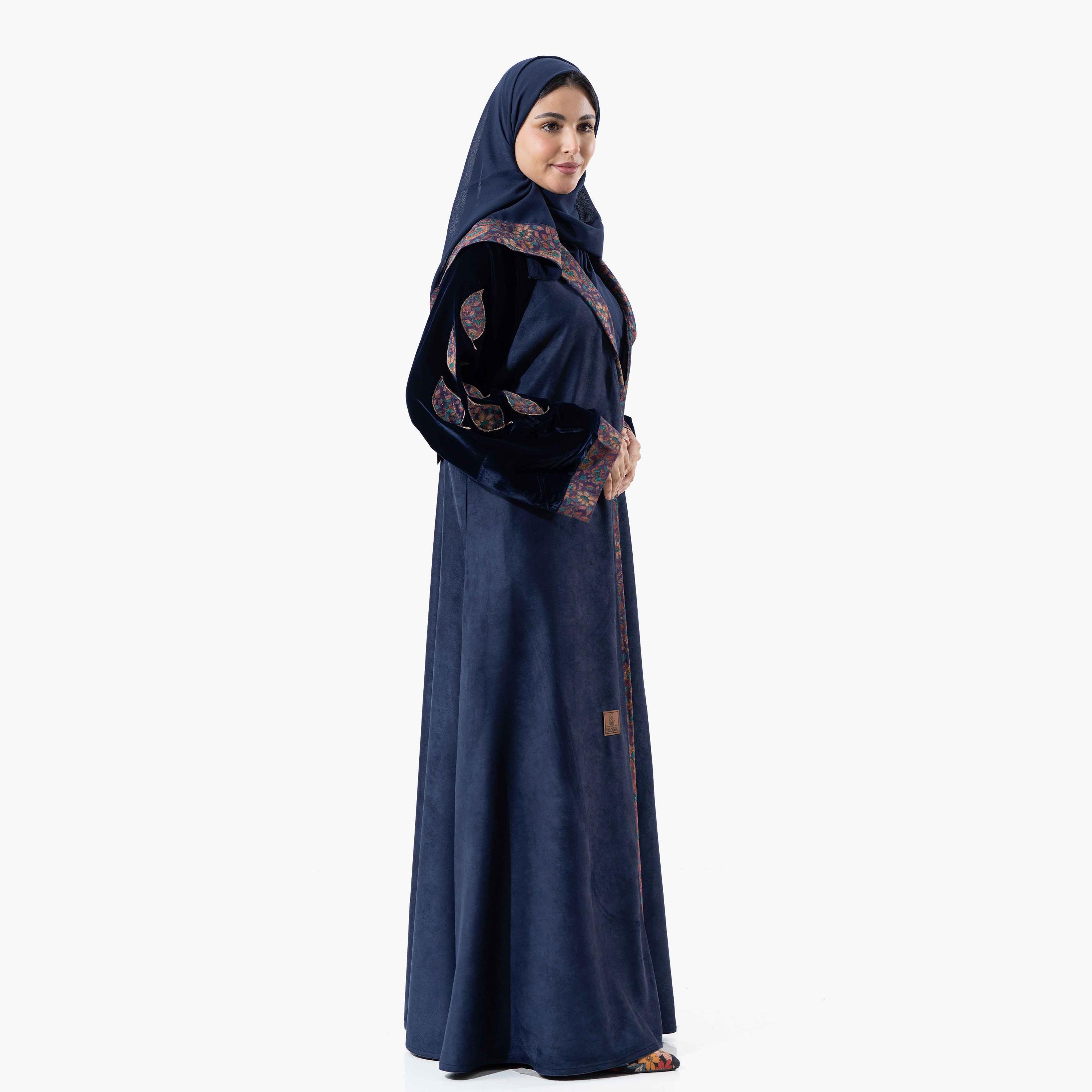 Zahiyh Navy Blue Embroidered Lapel Collared Wide Sleeves Women's Winter Abaya with Tarha-women-arabicclothing-abayas-image-3