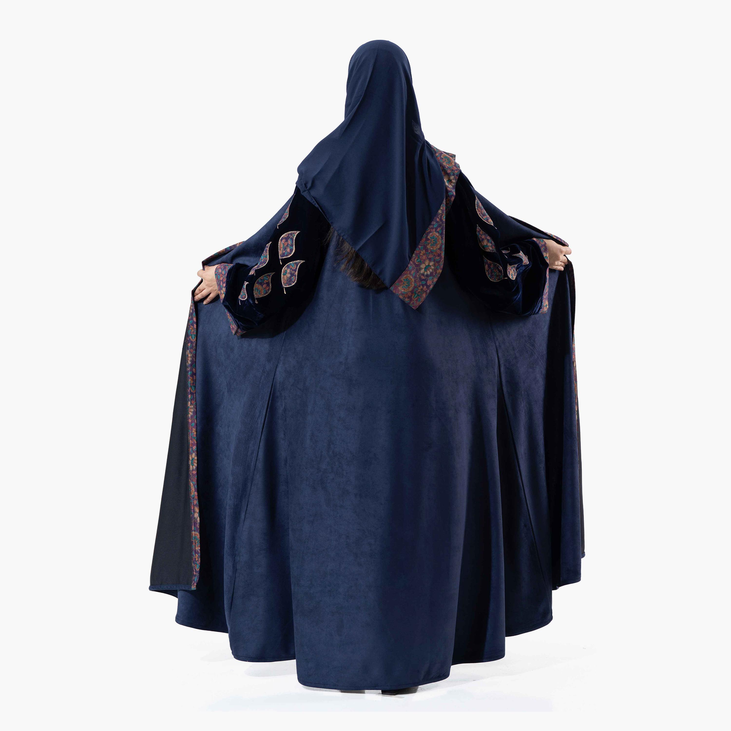 Zahiyh Navy Blue Embroidered Lapel Collared Wide Sleeves Women's Winter Abaya with Tarha-women-arabicclothing-abayas-image-4