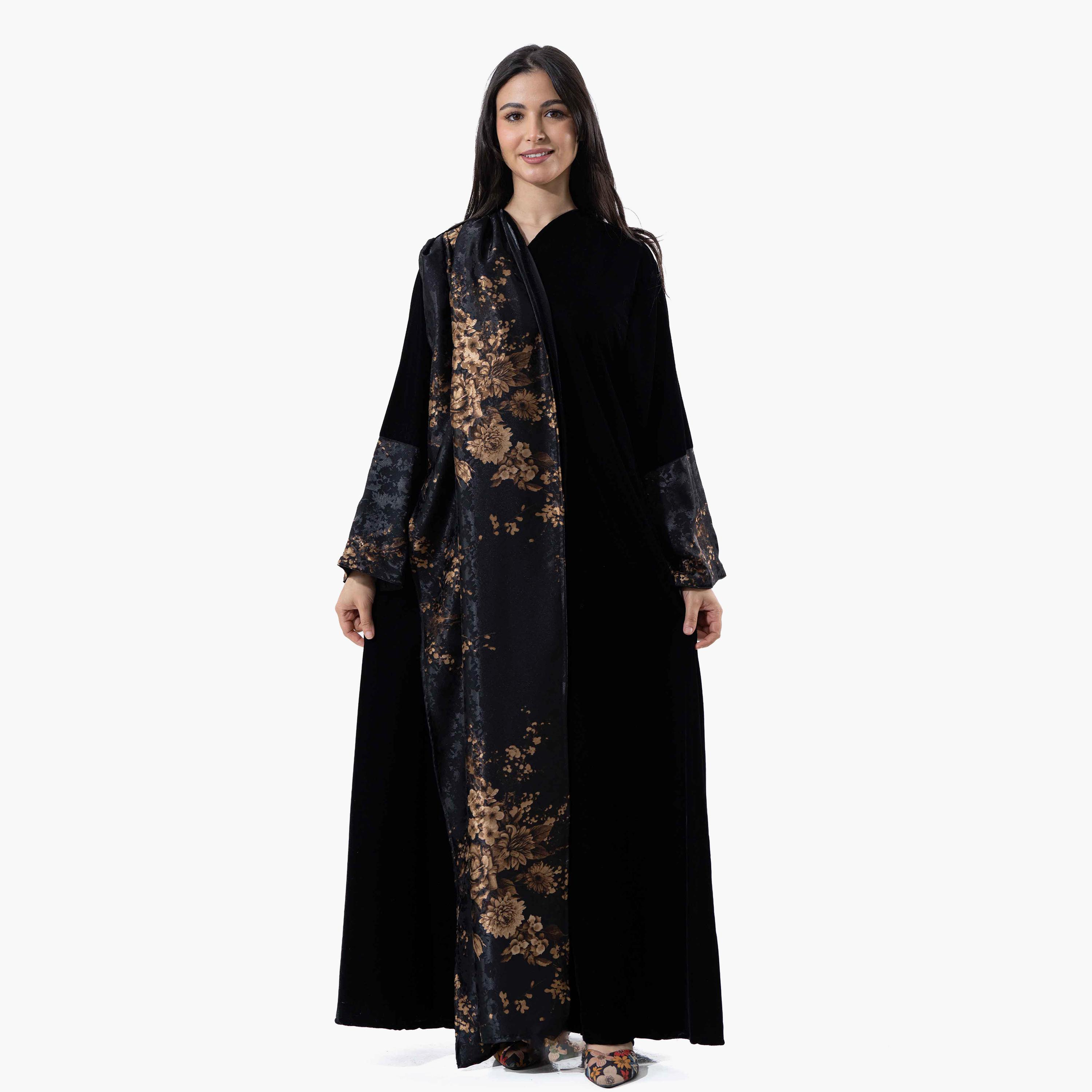 Zahiyh Black Printed Women's Winter Abaya with Tarha-women-arabicclothing-abayas-image-1