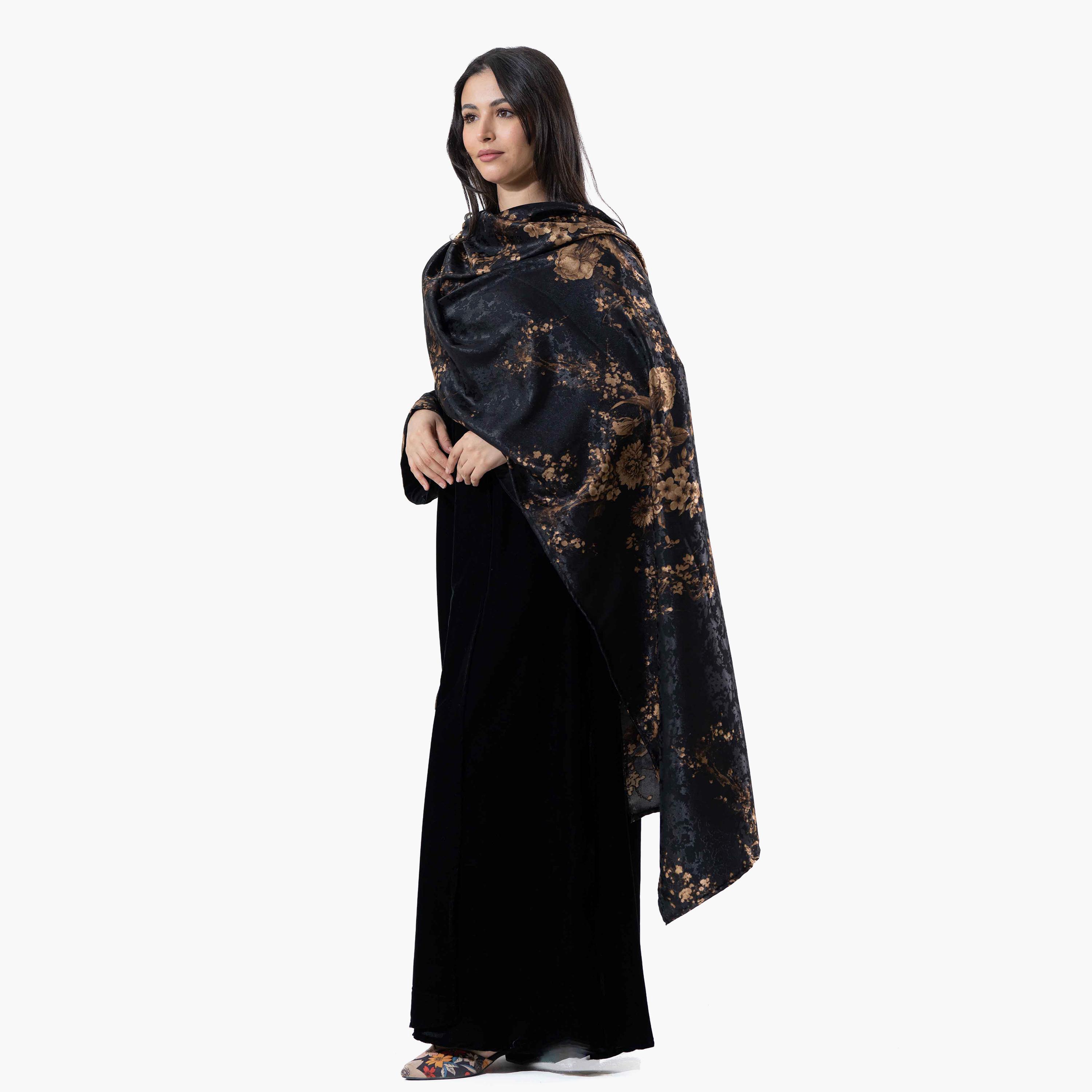Zahiyh Black Printed Women's Winter Abaya with Tarha-women-arabicclothing-abayas-image-2