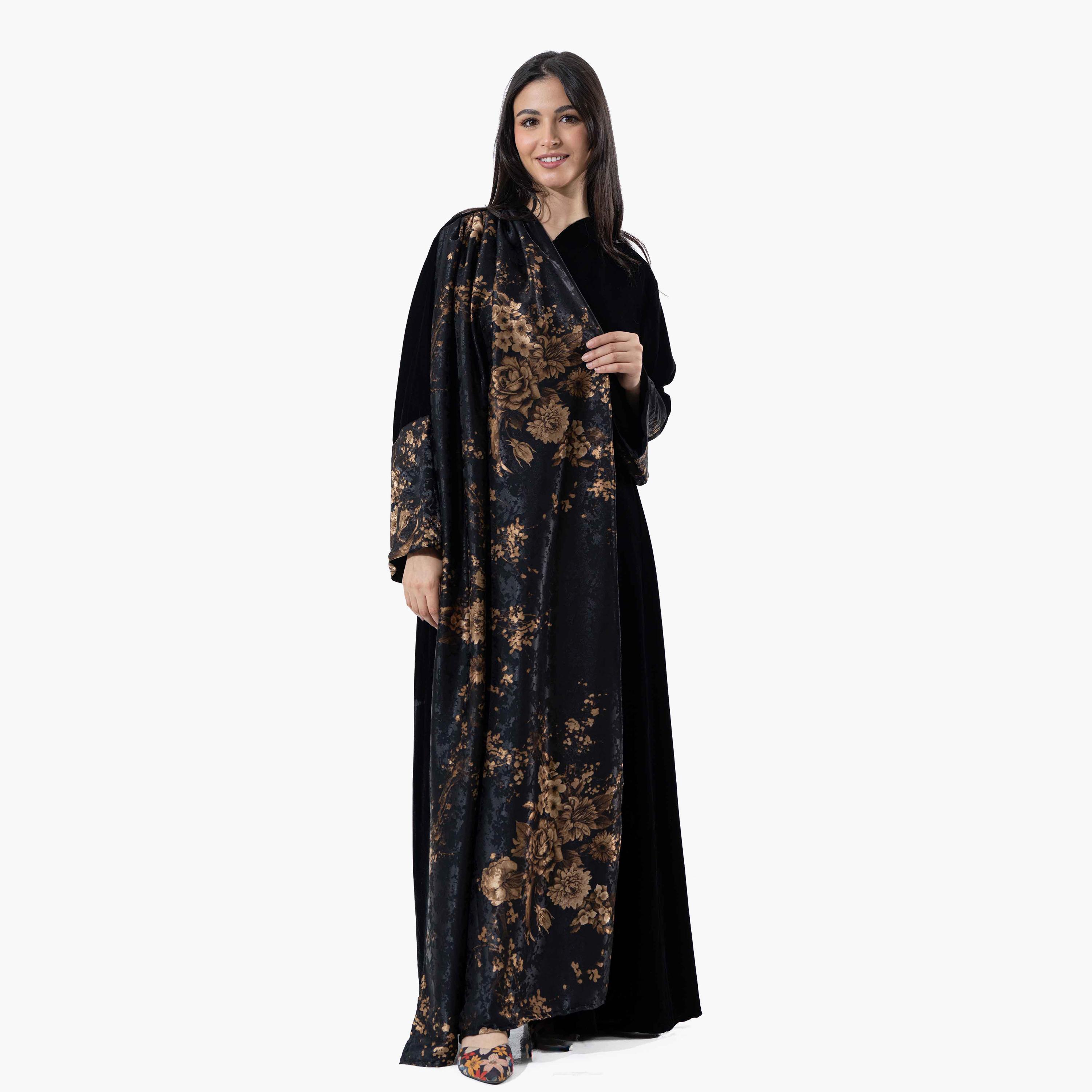 Zahiyh Black Printed Women's Winter Abaya with Tarha-women-arabicclothing-abayas-image-3