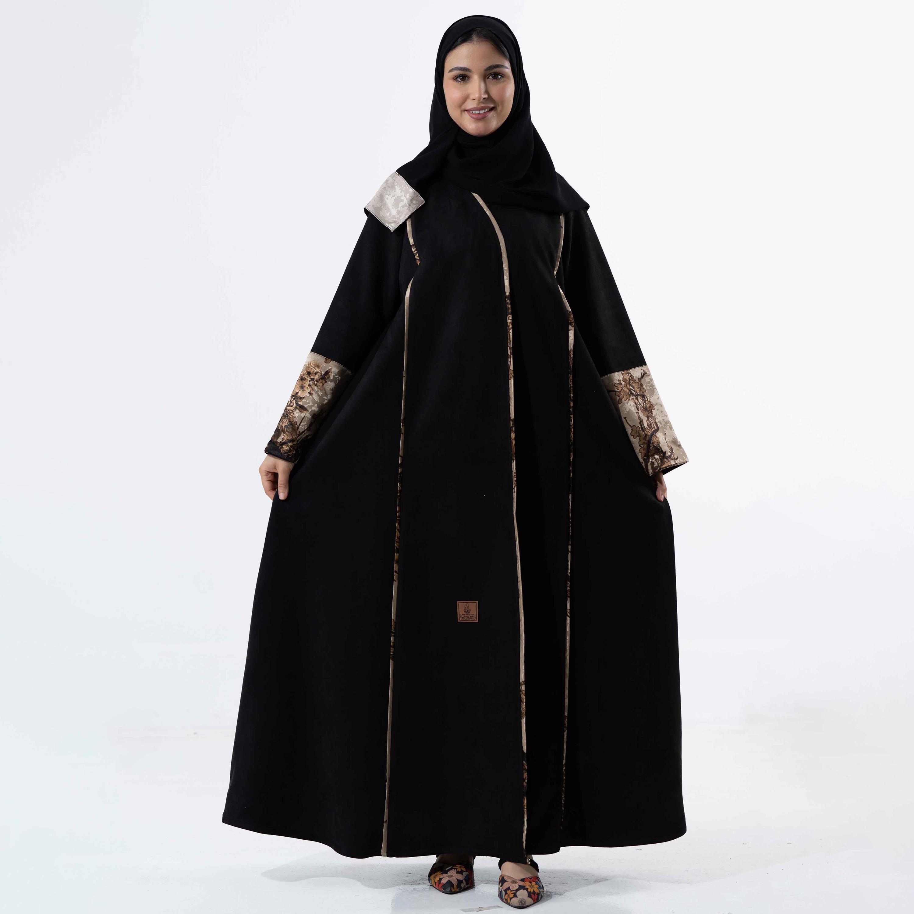Zahiyh Black Printed Women's Winter Abaya with Tarha-women-arabicclothing-abayas-image-1