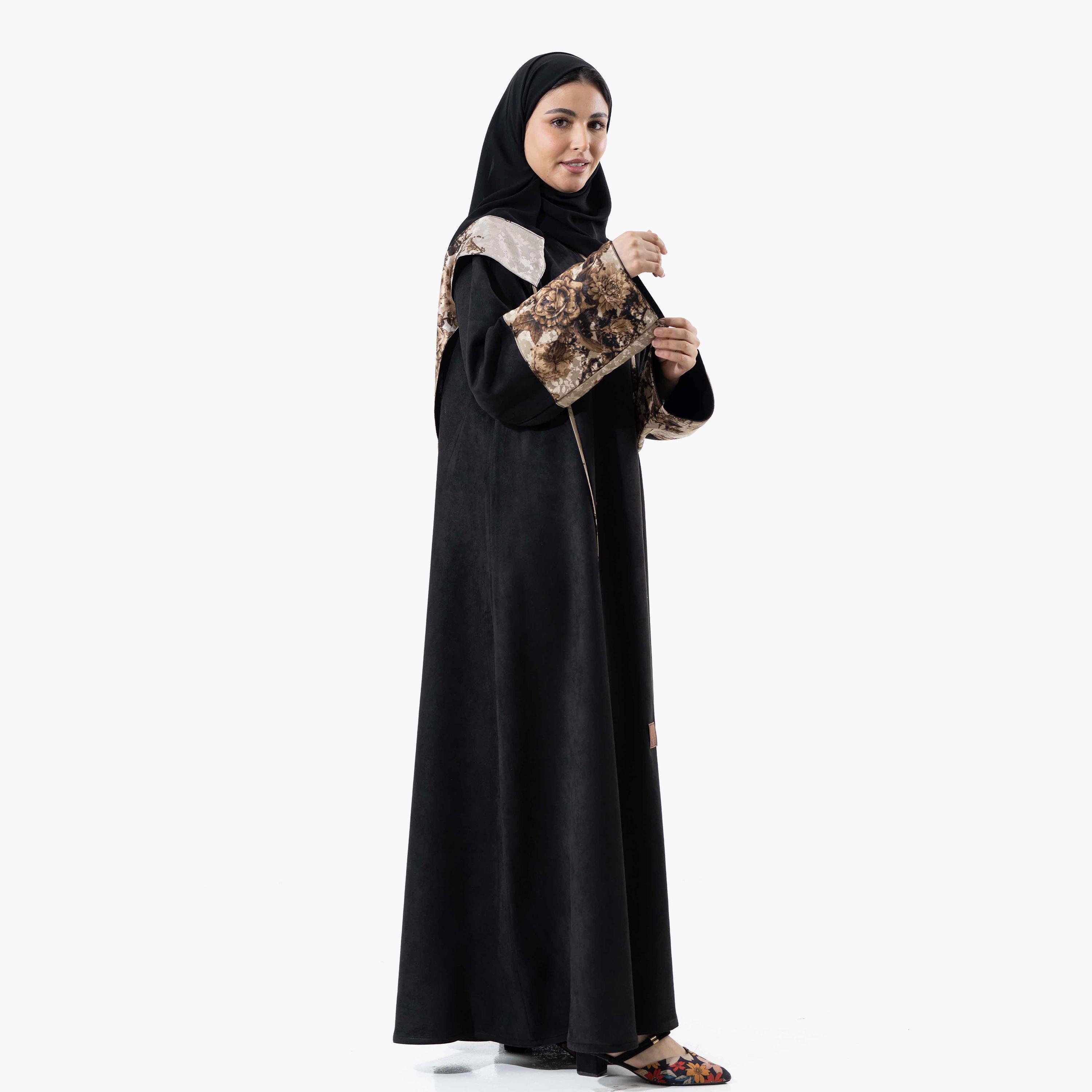 Zahiyh Black Printed Women's Winter Abaya with Tarha-women-arabicclothing-abayas-image-3