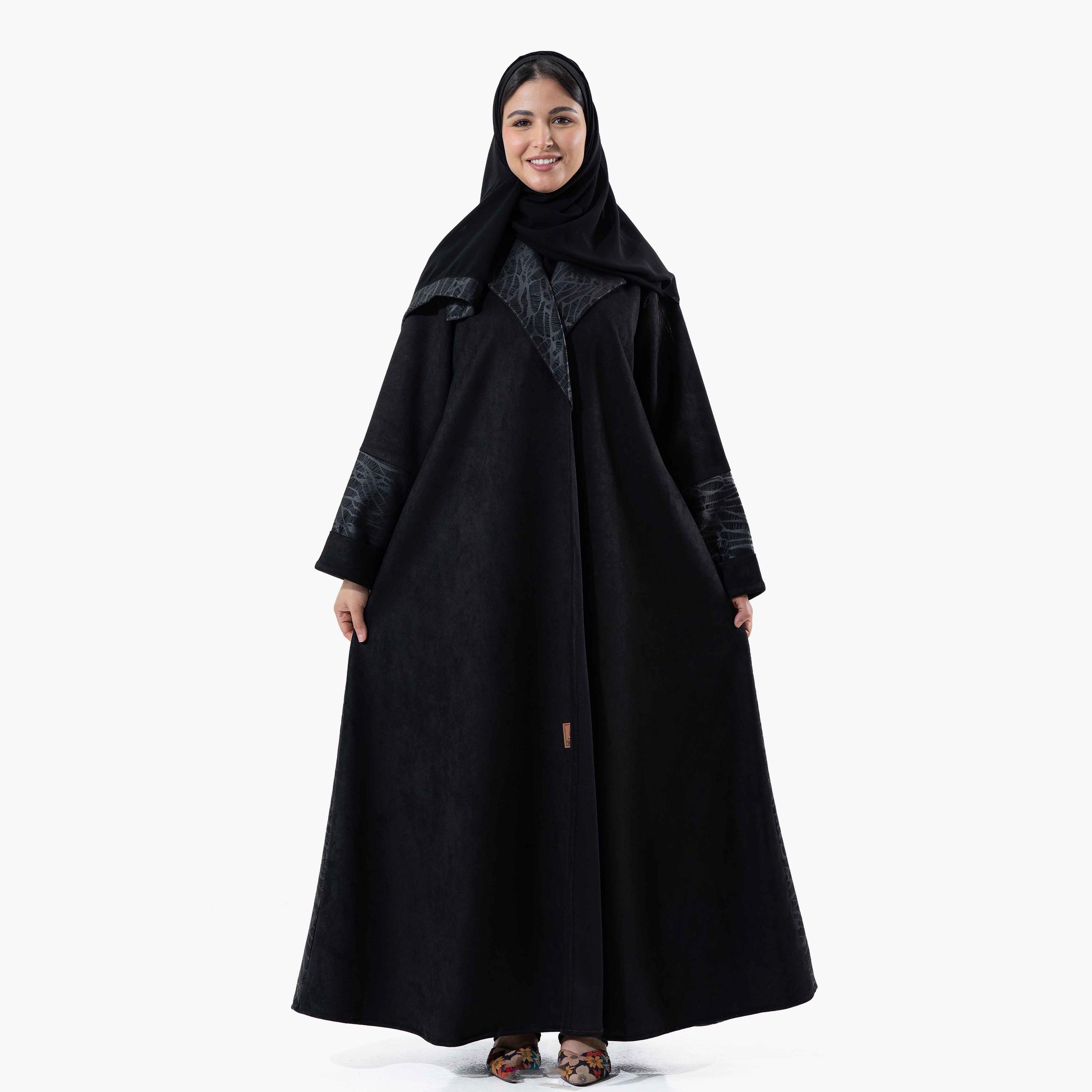 Zahiyh Black Printed Lapel Collared Roll Cuff Sleeves Women's Winter Abaya with Tarha-women-arabicclothing-abayas-image-1