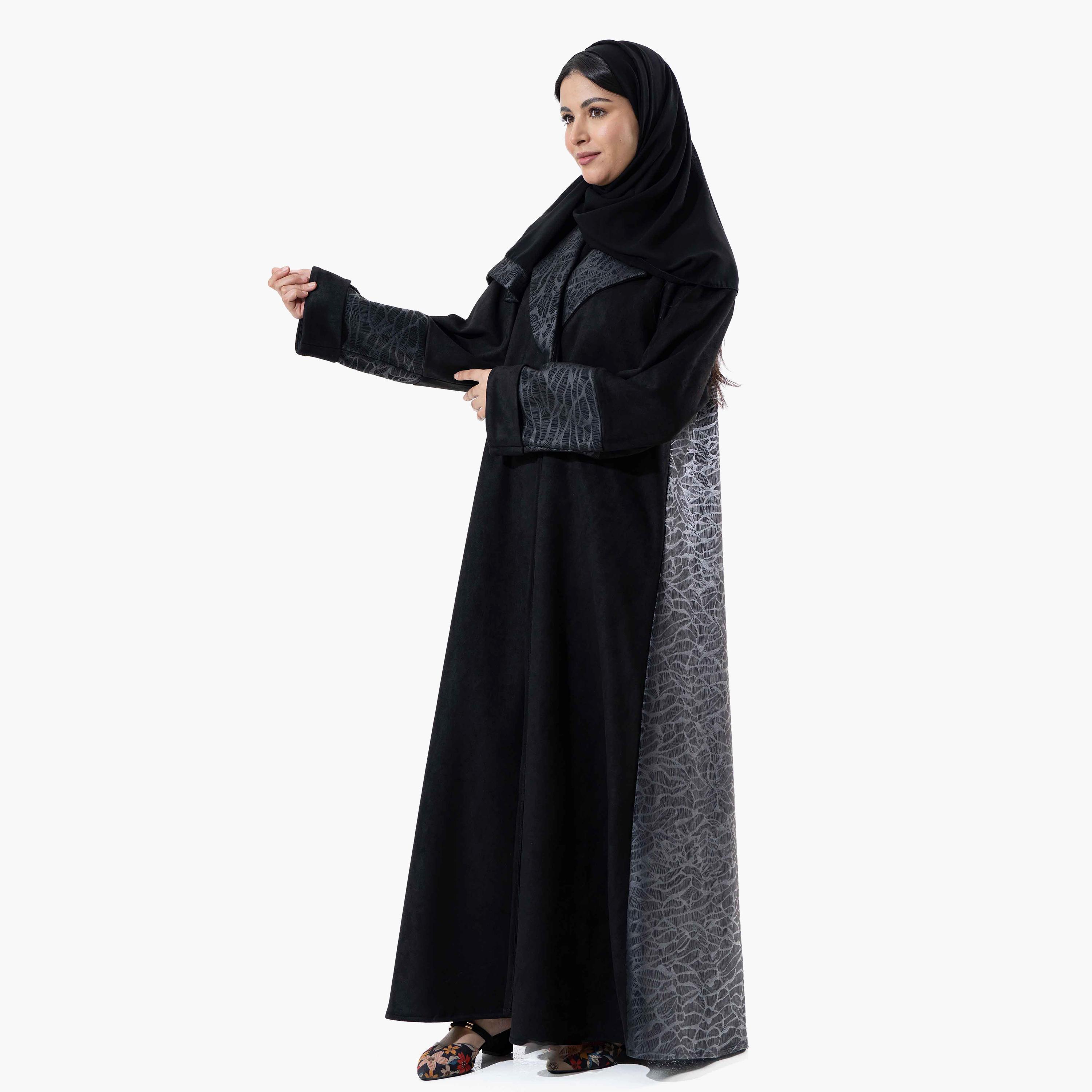 Zahiyh Black Printed Lapel Collared Roll Cuff Sleeves Women's Winter Abaya with Tarha-women-arabicclothing-abayas-image-2