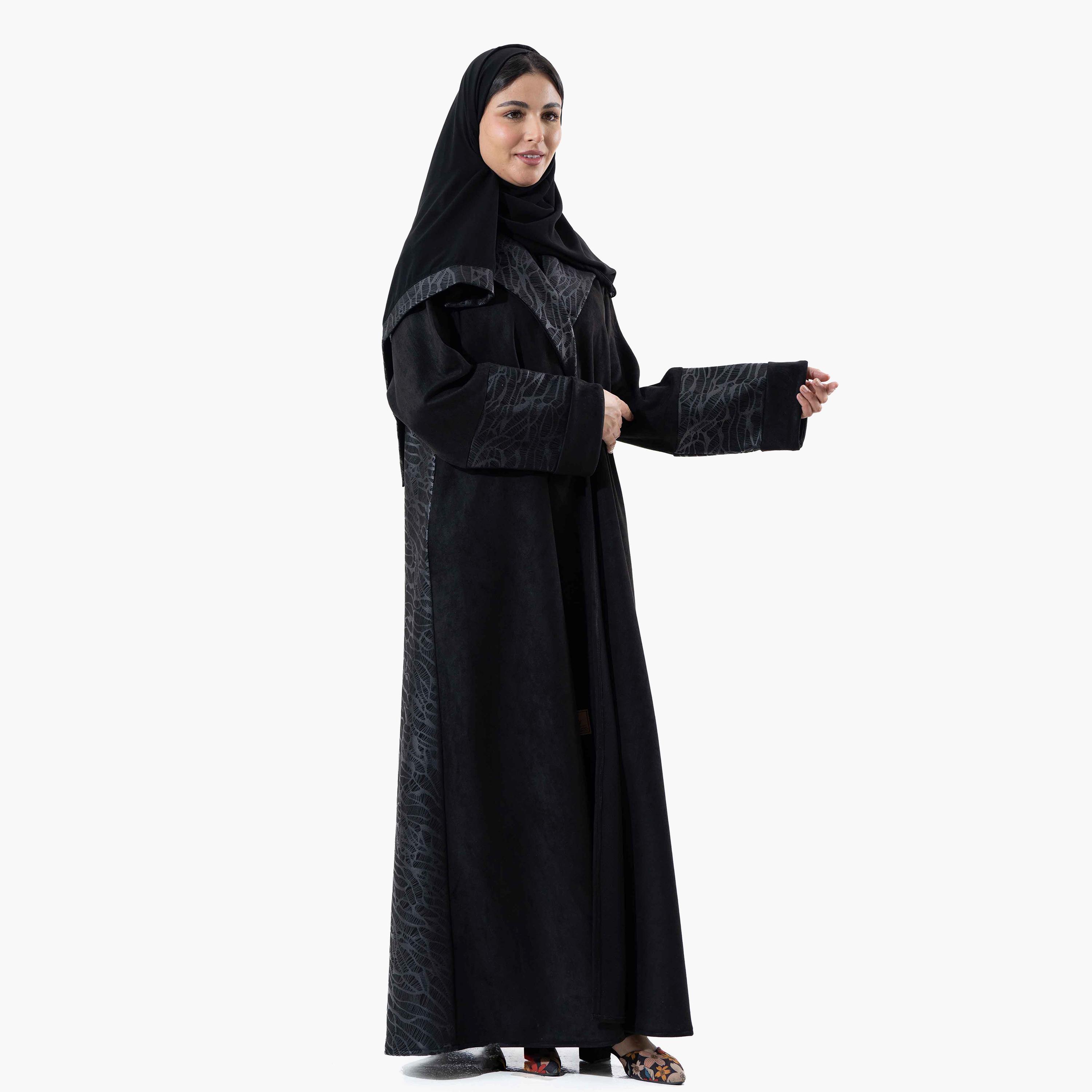 Zahiyh Black Printed Lapel Collared Roll Cuff Sleeves Women's Winter Abaya with Tarha-women-arabicclothing-abayas-image-3