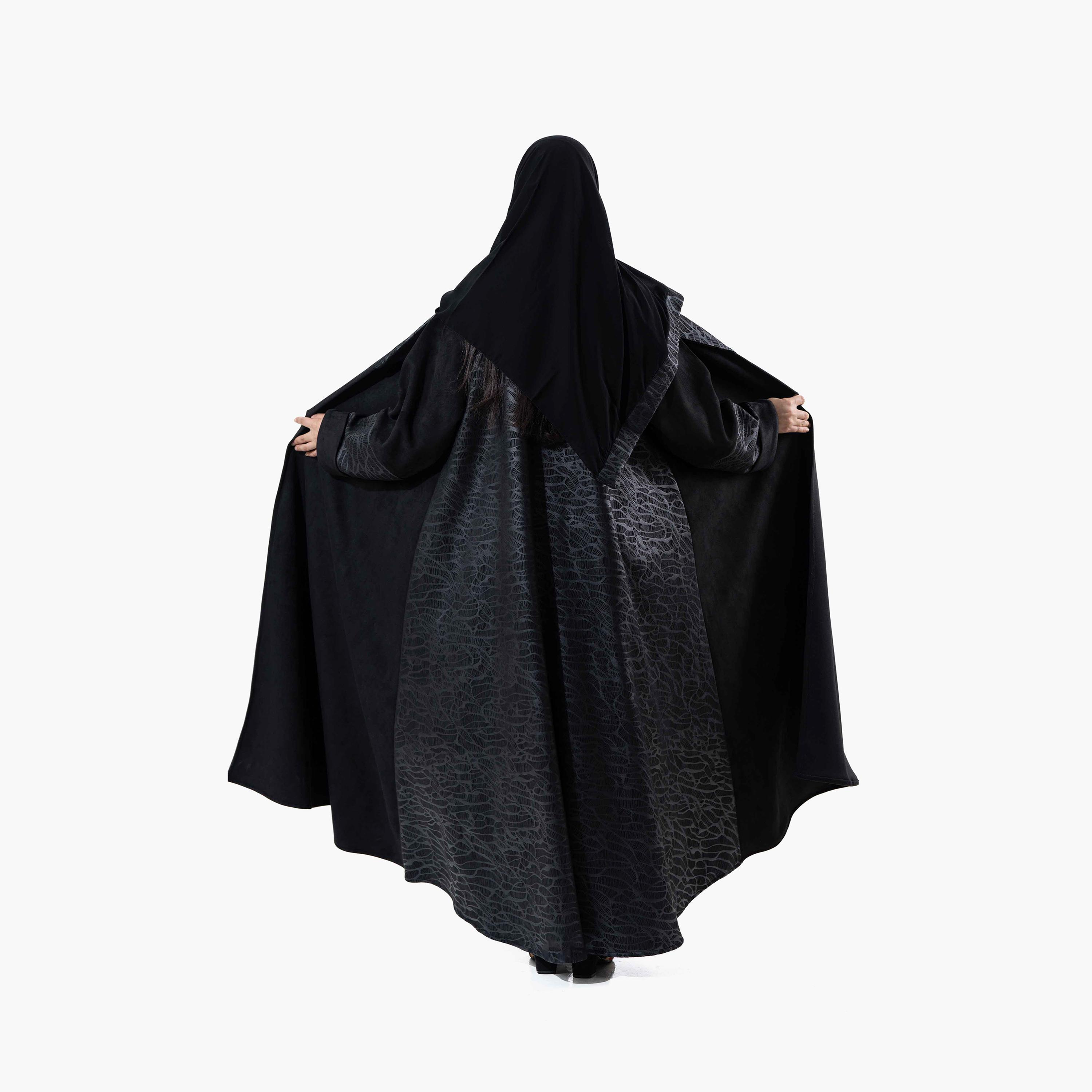Zahiyh Black Printed Lapel Collared Roll Cuff Sleeves Women's Winter Abaya with Tarha-women-arabicclothing-abayas-image-4