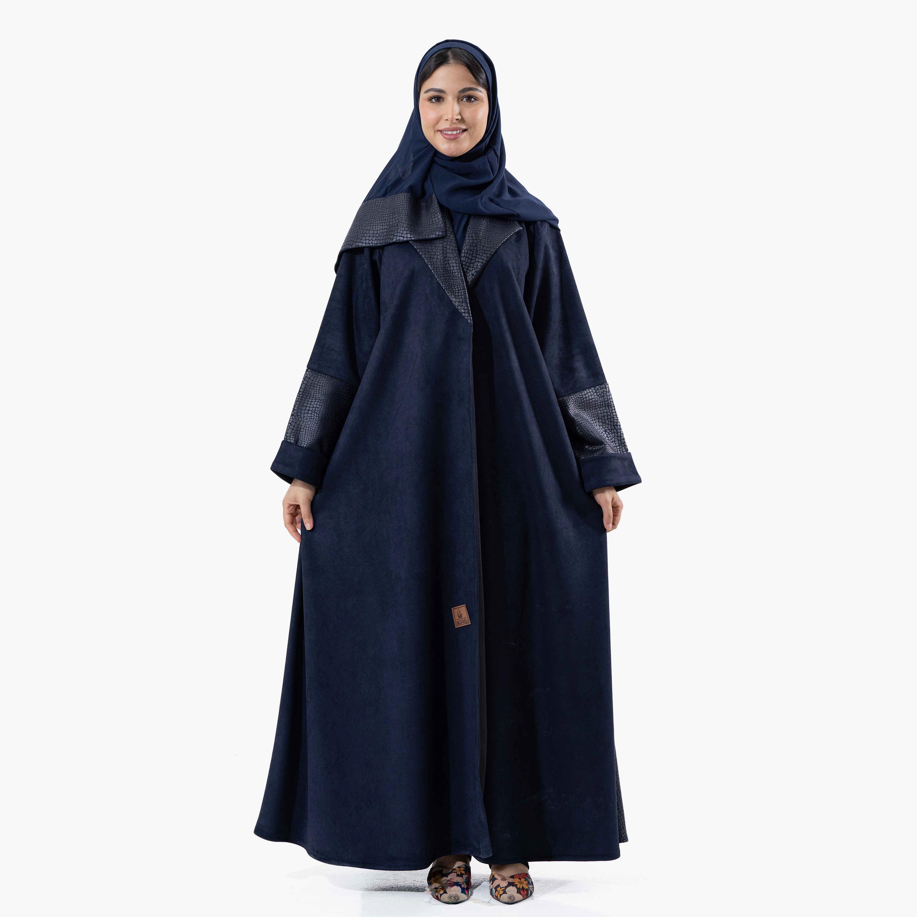 Zahiyh Navy Blue Printed Lapel Collared Roll Cuff Sleeves Women's Winter Abaya with Tarha-women-arabicclothing-abayas-image-1
