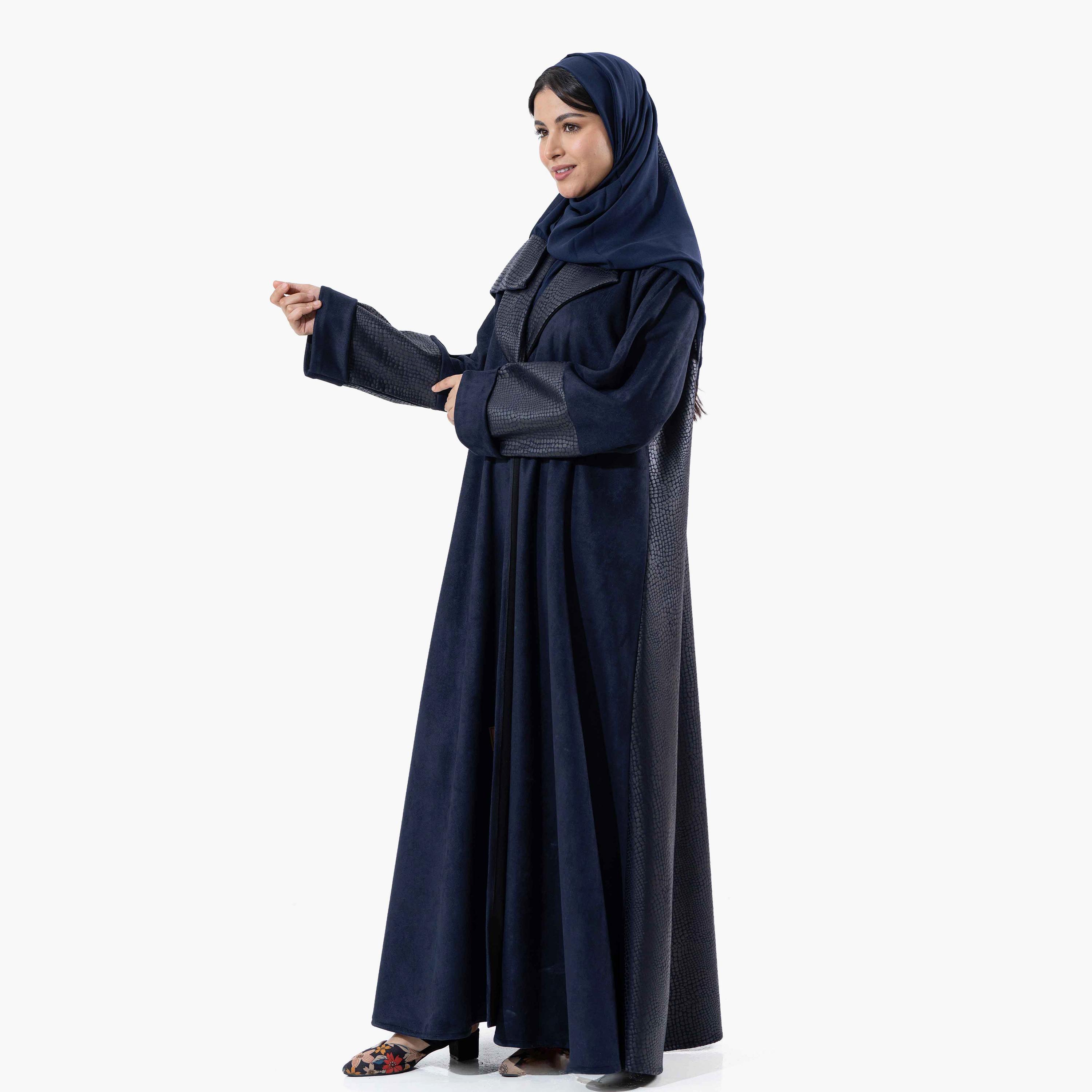 Zahiyh Navy Blue Printed Lapel Collared Roll Cuff Sleeves Women's Winter Abaya with Tarha-women-arabicclothing-abayas-image-2