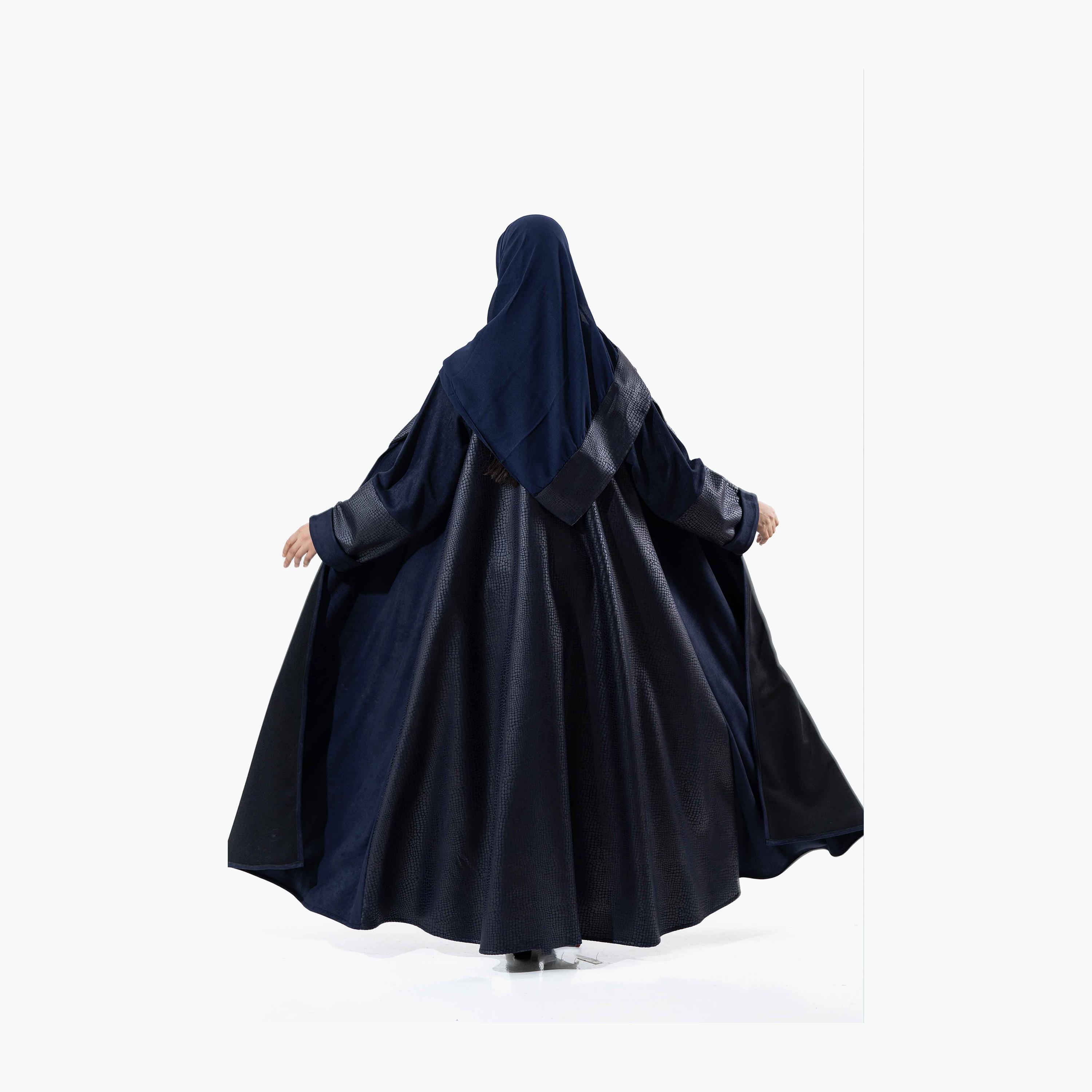 Zahiyh Navy Blue Printed Lapel Collared Roll Cuff Sleeves Women's Winter Abaya with Tarha-women-arabicclothing-abayas-image-3