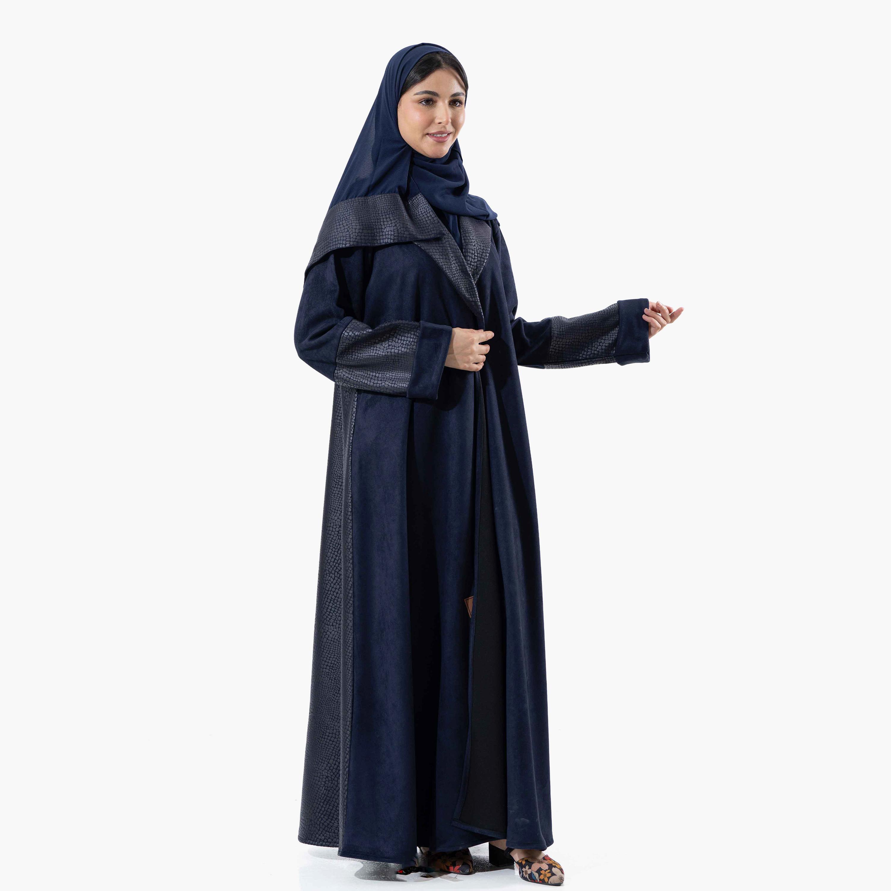 Zahiyh Navy Blue Printed Lapel Collared Roll Cuff Sleeves Women's Winter Abaya with Tarha-women-arabicclothing-abayas-image-4
