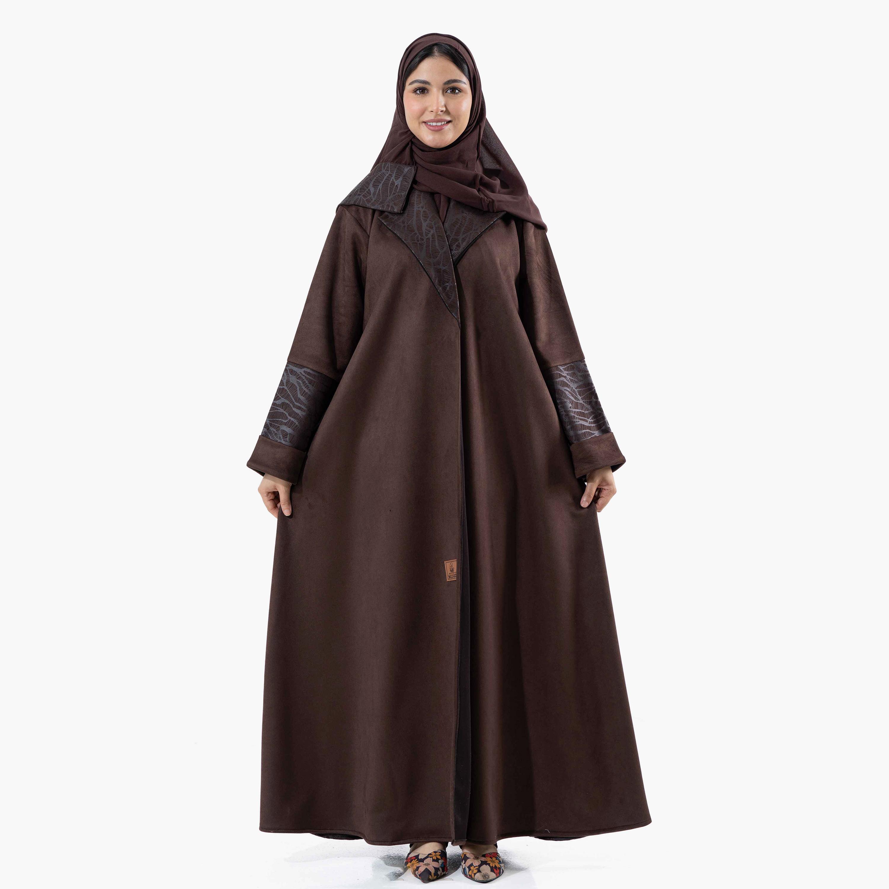 Zahiyh Brown Printed Lapel Collared Roll Cuff Sleeves Women's Winter Abaya with Tarha-women-arabicclothing-abayas-image-1