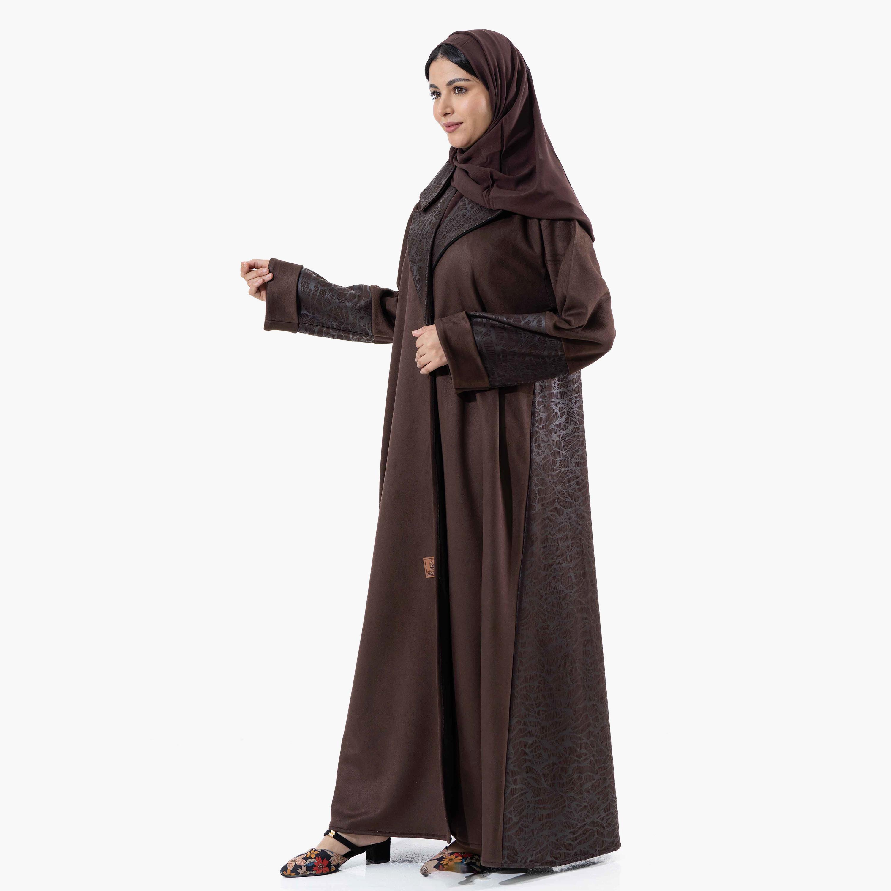 Zahiyh Brown Printed Lapel Collared Roll Cuff Sleeves Women's Winter Abaya with Tarha-women-arabicclothing-abayas-image-2