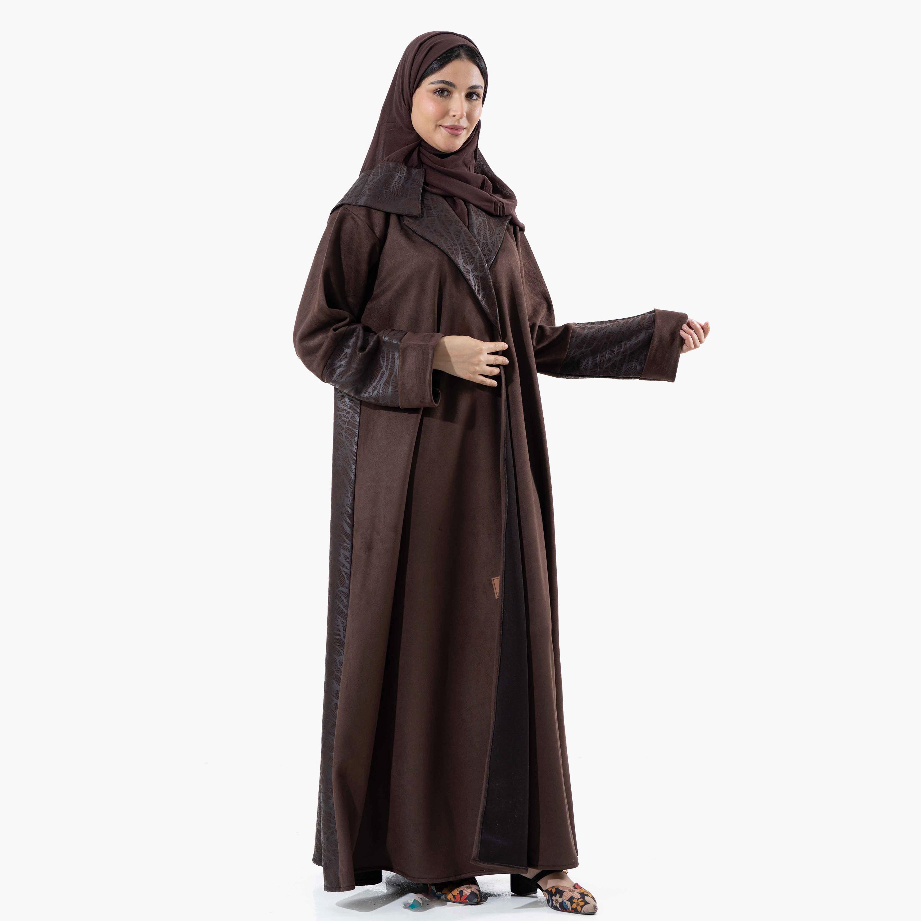 Zahiyh Brown Printed Lapel Collared Roll Cuff Sleeves Women's Winter Abaya with Tarha-women-arabicclothing-abayas-image-3