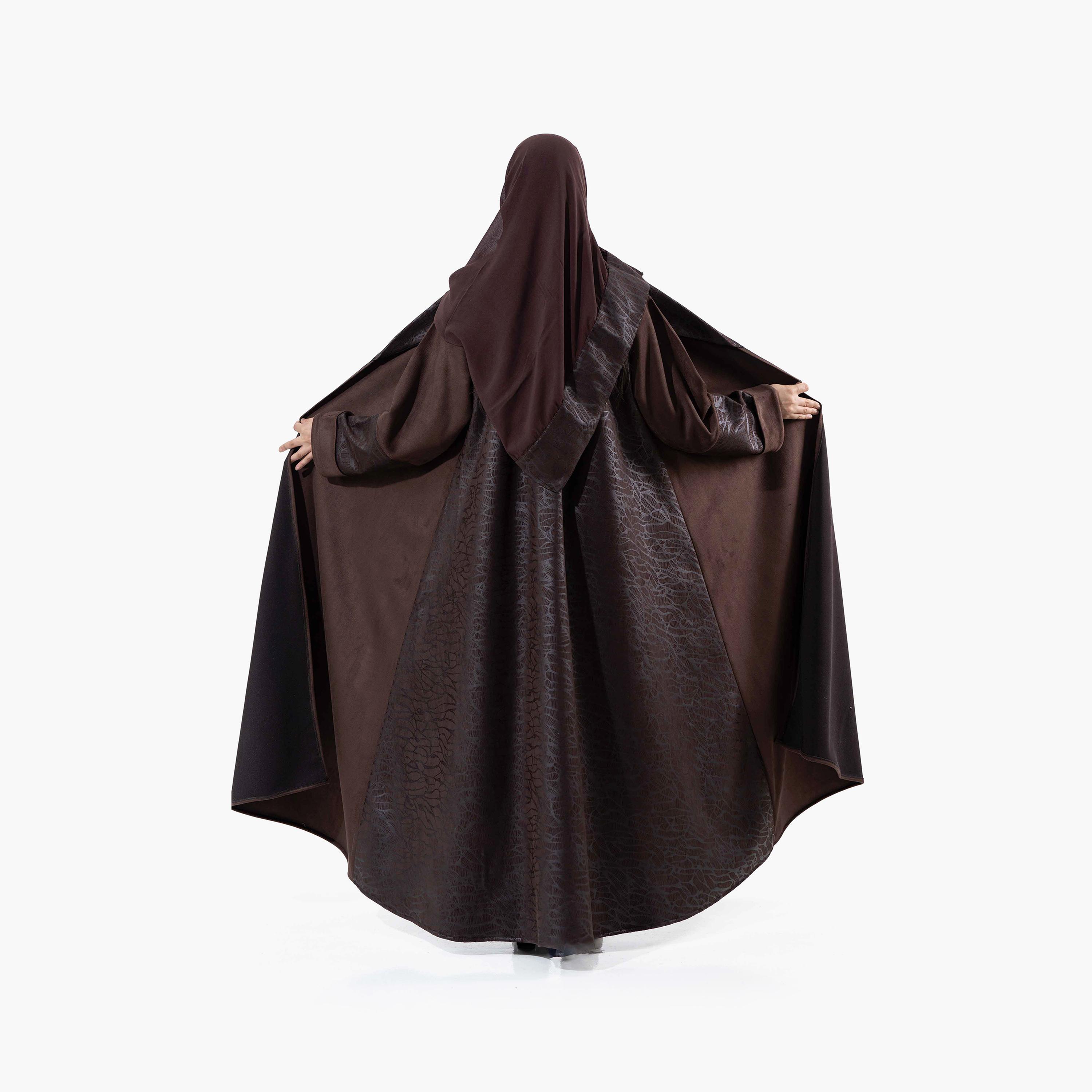 Zahiyh Brown Printed Lapel Collared Roll Cuff Sleeves Women's Winter Abaya with Tarha-women-arabicclothing-abayas-image-4